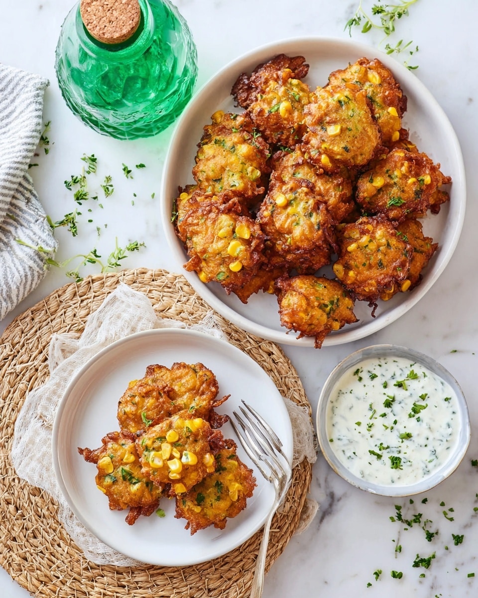 A white bowl sitting on a brown woven mat holds seven golden brown fritters with crispy edges, each studded with bits of corn and green herbs. The fritters are sprinkled with finely chopped green herbs and look crunchy with a rough, uneven texture. Nearby on a white marbled surface, a silver fork rests diagonally with one fritter skewered at the tips, and several more fritters are partially visible on a white plate at the top right. Small green herb pieces are scattered around the scene, adding fresh color accents. photo taken with an iphone --ar 4:5 --v 7