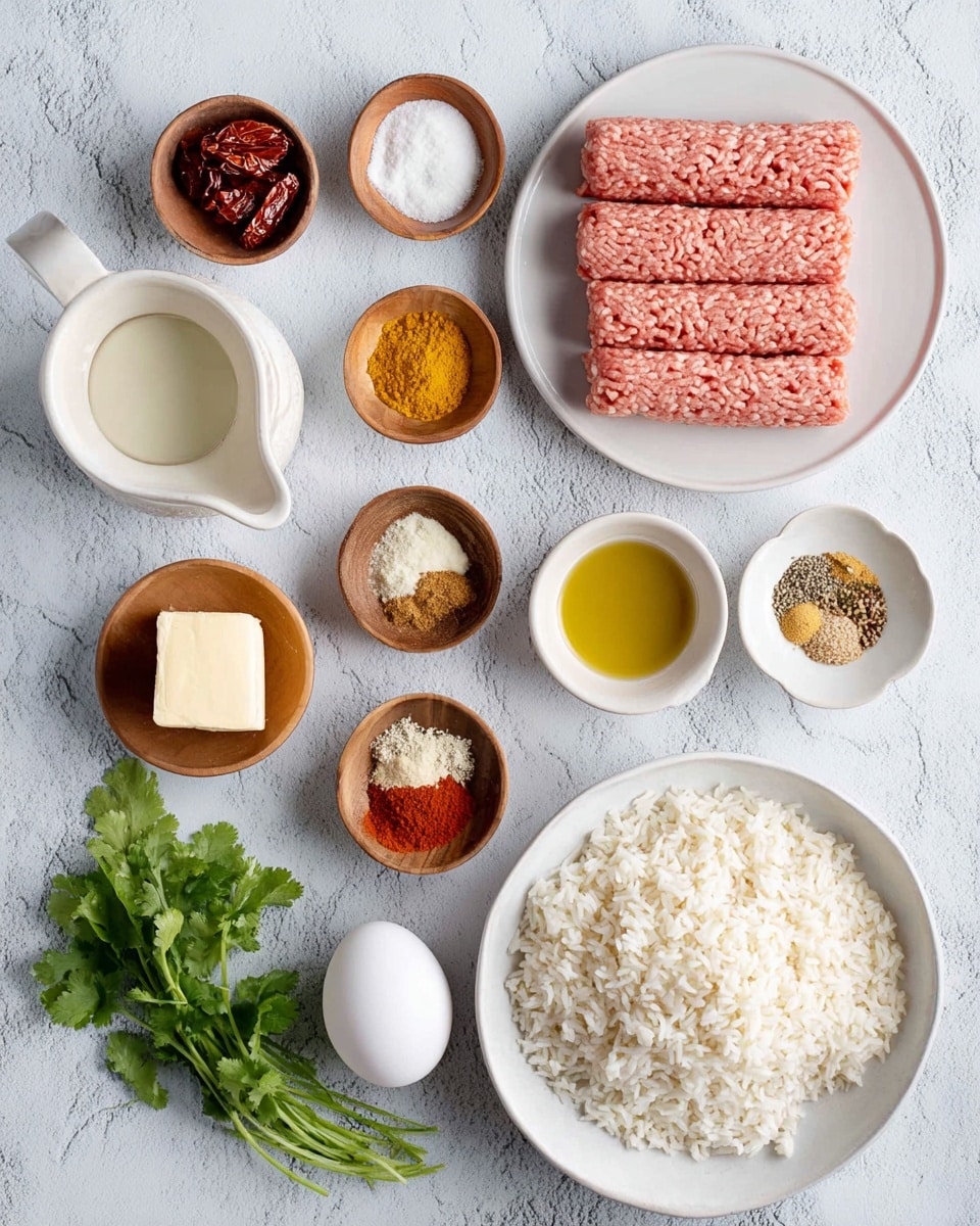 The image shows raw ingredients neatly arranged on a white marbled surface. At the center and right, there is a white plate with light pink raw ground meat shaped into rows. Below the plate is a white bowl filled with cooked white rice. Surrounding these are small wooden bowls holding a variety of spices and seasonings, including minced garlic, minced ginger, finely chopped onions, black pepper, curry powder, cumin, red chili powder, and paprika, all in different shades of yellow, brown, and red. There is a small white square dish with olive oil, a small glass pitcher with cream, a small ceramic bowl with sun-dried tomatoes, and two cubes of butter on a wooden bowl. A whole white egg is placed near the center, and fresh green cilantro leaves lie at the bottom of the arrangement. All items are carefully spaced and well-lit, creating a clean and organized look. Photo taken with an iphone --ar 4:5 --v 7