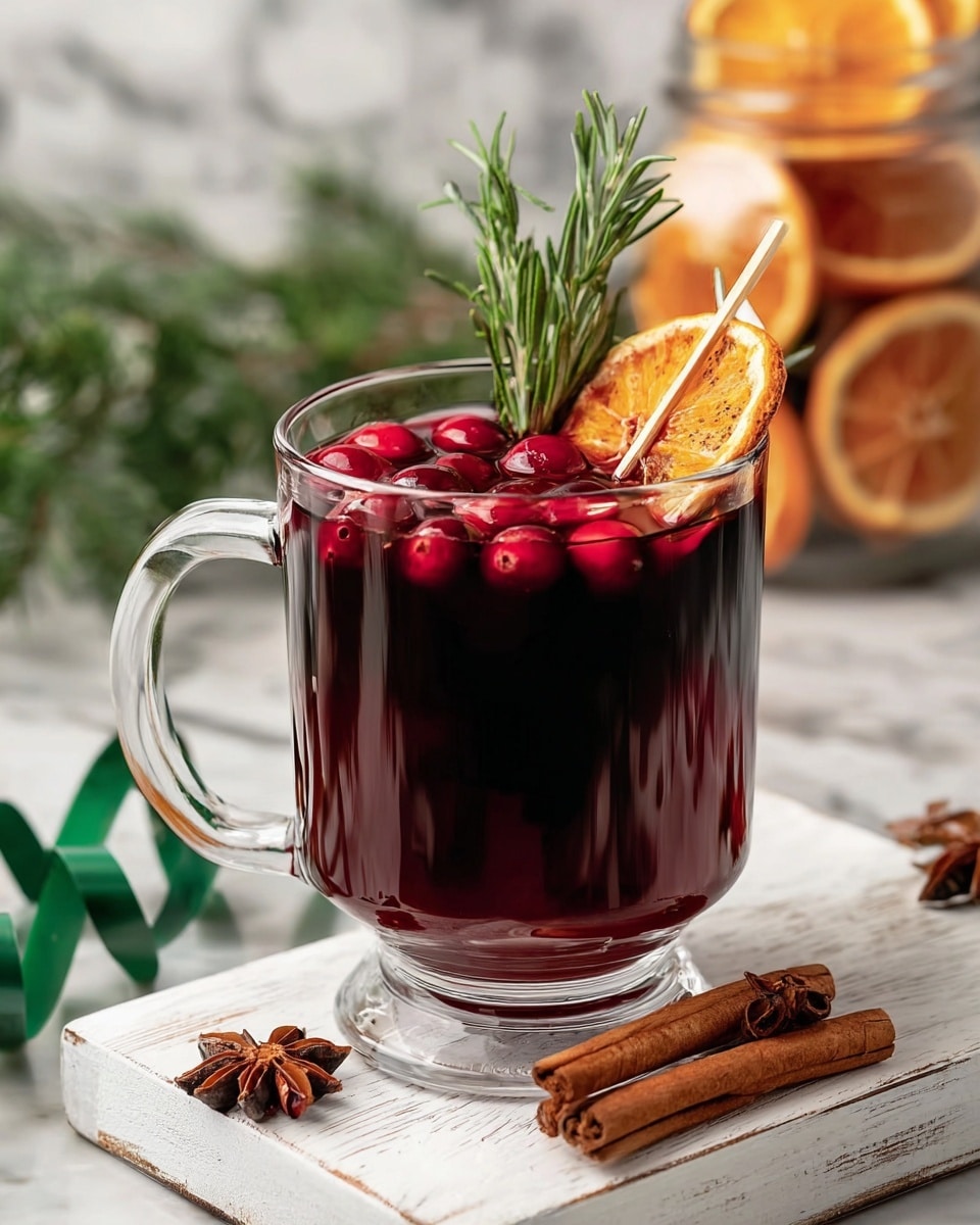 A clear glass mug filled with a dark red drink, topped with whole red berries floating on the surface. A dried orange slice and a green rosemary sprig are placed in the drink, held by a small wooden skewer resting across the rim. The mug sits on a white wooden board with two cinnamon sticks and a star anise beside it. In the background, there is a jar with dried orange slices and some green rosemary stems, all set against a white marbled texture. A green curled ribbon adds a festive touch near the bottom left corner. Photo taken with an iphone --ar 4:5 --v 7