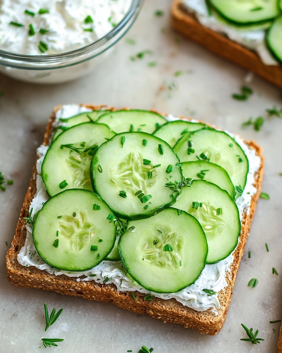 A close-up view of a single square slice of toasted whole-grain bread with a thick, even layer of white cream cheese spread on top. On the cream cheese, there are two layers of thinly sliced cucumber rounds arranged closely to cover the bread surface fully. The cucumber slices are green with pale centers and have small green herbs sprinkled on top, adding a fresh touch. Around the edge of the toast and on the white marbled textured surface, more small chopped green herbs are scattered. In the background, partially visible, is a clear glass bowl containing more cream cheese. The overall look is fresh and simple. Photo taken with an iphone --ar 4:5 --v 7