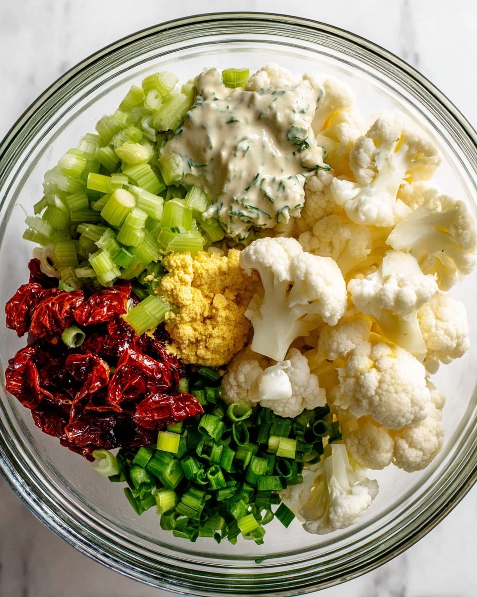 A clear glass bowl holds five separate layers arranged in sections: fresh white cauliflower florets occupy the top right, creamy off-white sauce with herbs sits next to the cauliflower on the top left, bright yellow mustard is placed in the center, bright green chopped celery is on the far left, dark red sun-dried tomatoes rest near the bottom left, and fresh chopped green onions fill the bottom right. The bowl is set against a white marbled surface. photo taken with an iphone --ar 4:5 --v 7