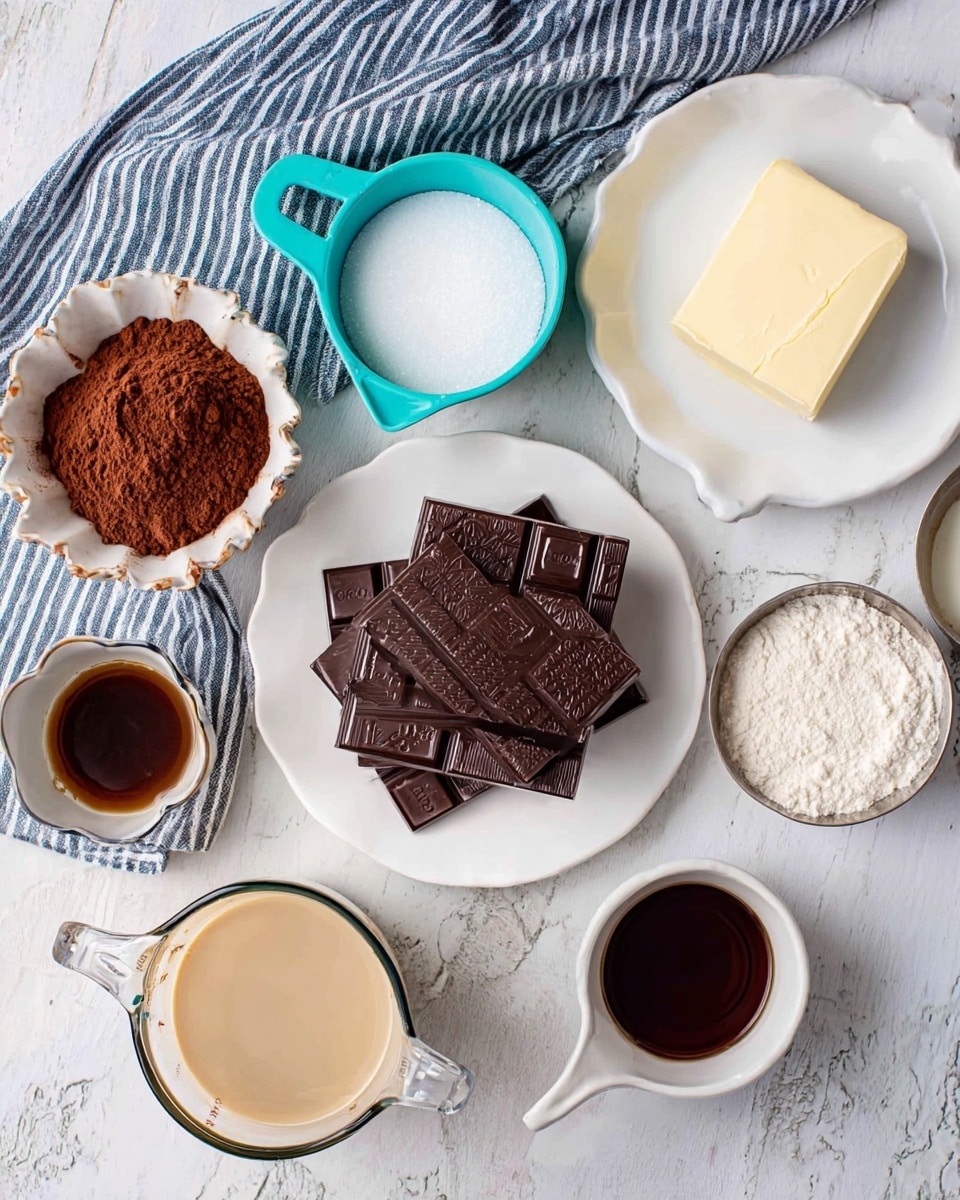 The image shows an overhead view of baking ingredients arranged neatly on a white marbled textured surface. In the center is a white plate with round edges holding a stack of dark chocolate squares with visible embossed details. Above it, a turquoise measuring cup is filled with white granulated sugar, and to its right is a white plate with a block of pale yellow butter. To the left of the chocolate is a white scalloped bowl filled with rich brown cocoa powder with a slightly crumbly texture. Below that is a glass measuring cup with creamy beige liquid, and next to it is a small glass bowl containing dark brown liquid. A small white bowl with a fine white powder sits near the bottom right, and a blue-striped grey and white cloth is tucked in the top left corner. photo taken with an iphone --ar 4:5 --v 7