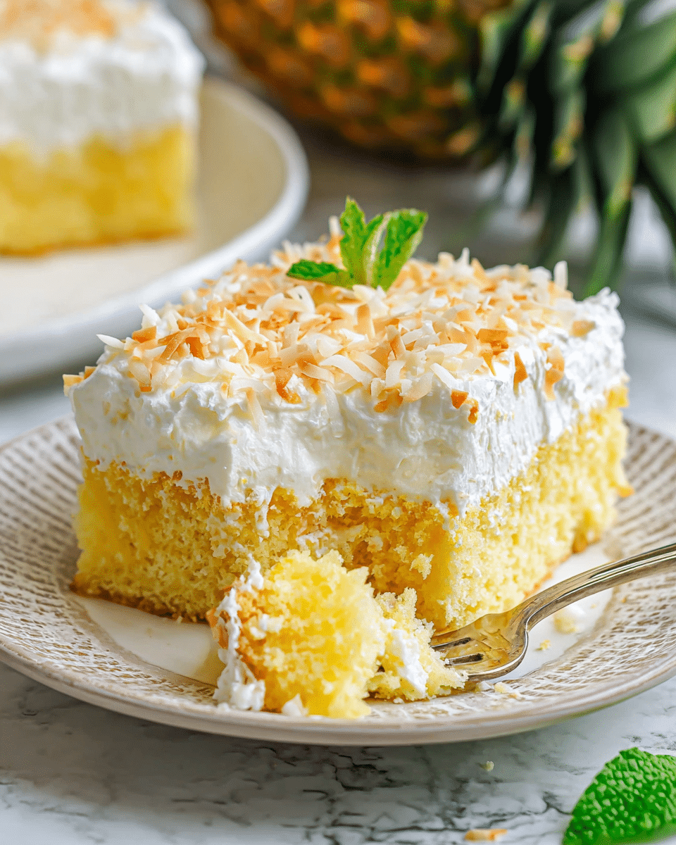 A close-up image of a square slice of yellow pineapple cake on a white plate with a textured rim, showing three distinct layers: a thick, moist yellow cake base, a fluffy white whipped cream layer on top, and golden toasted coconut flakes sprinkled over the cream. The cake piece has a bite taken out of the front corner where a portion of the fluffy cream and cake crumb is visible beside a silver fork resting on the plate. In the background, there is a blurred whole pineapple and a second slice of the same cake on a white marbled surface, along with a green mint leaf garnish near the plate's edge. Photo taken with an iphone --ar 4:5 --v 7