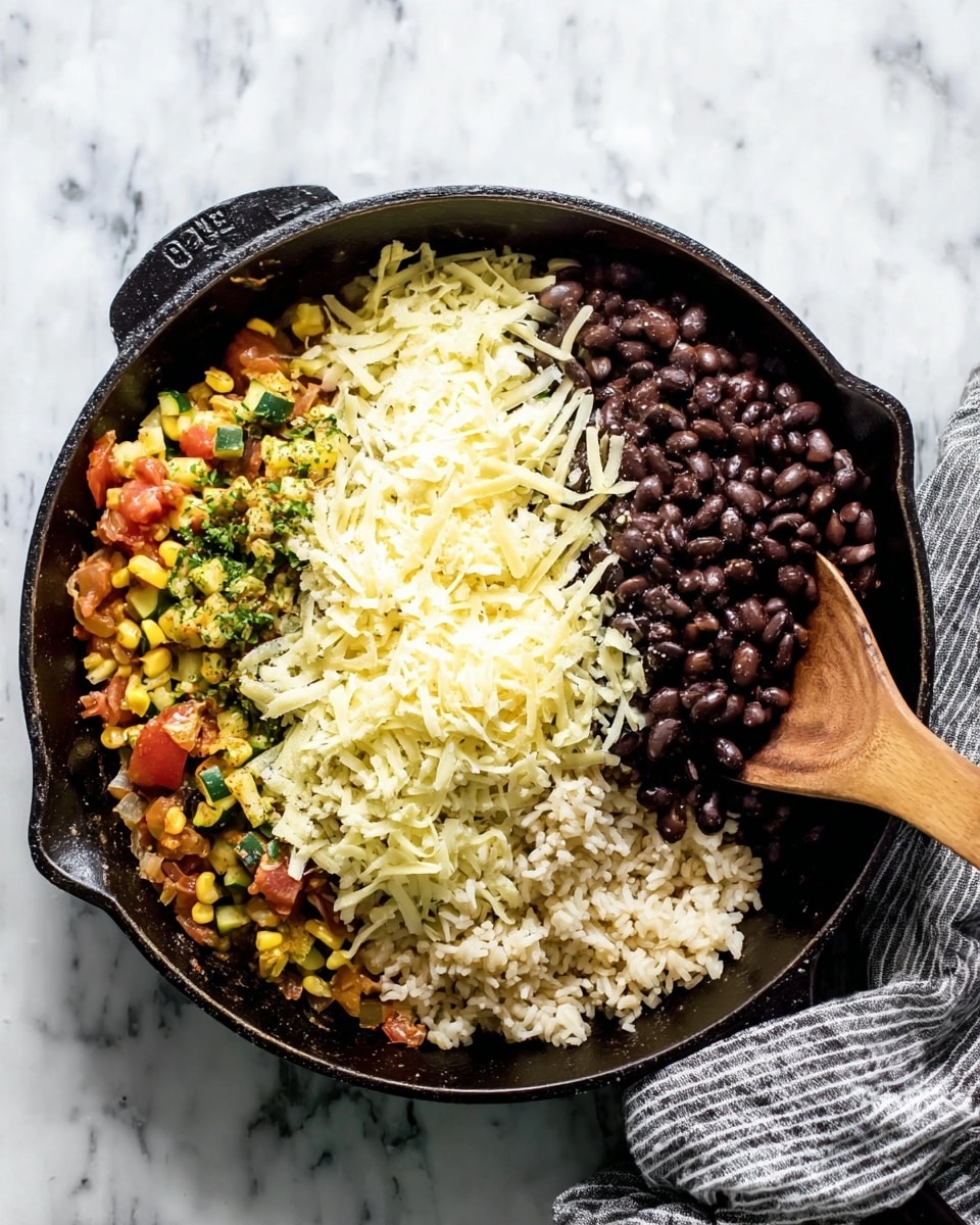 A black cast iron skillet sits on a white marbled surface with a gray-striped cloth nearby. Inside the skillet, four main layers form a colorful mixture: cooked black beans in the top right, creamy shredded cheese piled in the center, light brown cooked rice filling the bottom right, and a mix of sautéed vegetables including corn, diced tomatoes, and chopped green zucchini occupying the left side. A wooden spoon rests on the edge of the skillet, partially under the black beans. The textures range from soft beans to fluffy rice and slightly chunky vegetables, all contained in the round skillet. photo taken with an iphone --ar 4:5 --v 7