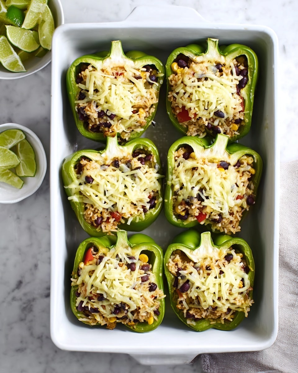 The image shows a white baking dish filled with eight green bell pepper halves arranged in two rows, four in each row. Each bell pepper half is hollowed out and stuffed with a mixture of rice, black beans, corn, tomato pieces, and small bits of vegetables, with a layer of shredded pale yellow cheese sprinkled on top. The stuffed peppers have a fresh, slightly shiny look, and the baking dish rests on a white marbled textured surface. To the side, there is a small white bowl containing lime wedges. photo taken with an iphone --ar 4:5 --v 7