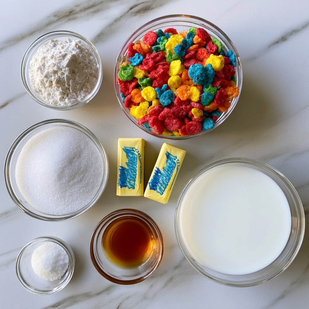 The image shows seven ingredients placed separately on a white marbled surface. At the top left is a small clear bowl filled with white flour, while to its right is a larger clear bowl holding colorful Fruity Pebbles cereal in red, yellow, blue, green, and orange colors. Below the flour is another clear bowl filled with white granulated sugar. To the right of the sugar are two yellow sticks of butter wrapped in paper with blue text, placed side by side. Below the sugar is a small clear bowl containing amber liquid vanilla. To the right is a large clear bowl full of white milk. At the bottom left corner, there is a tiny clear bowl with white salt. Each ingredient is labeled with bold black text above or near it. Photo taken with an iphone --ar 4:5 --v 7