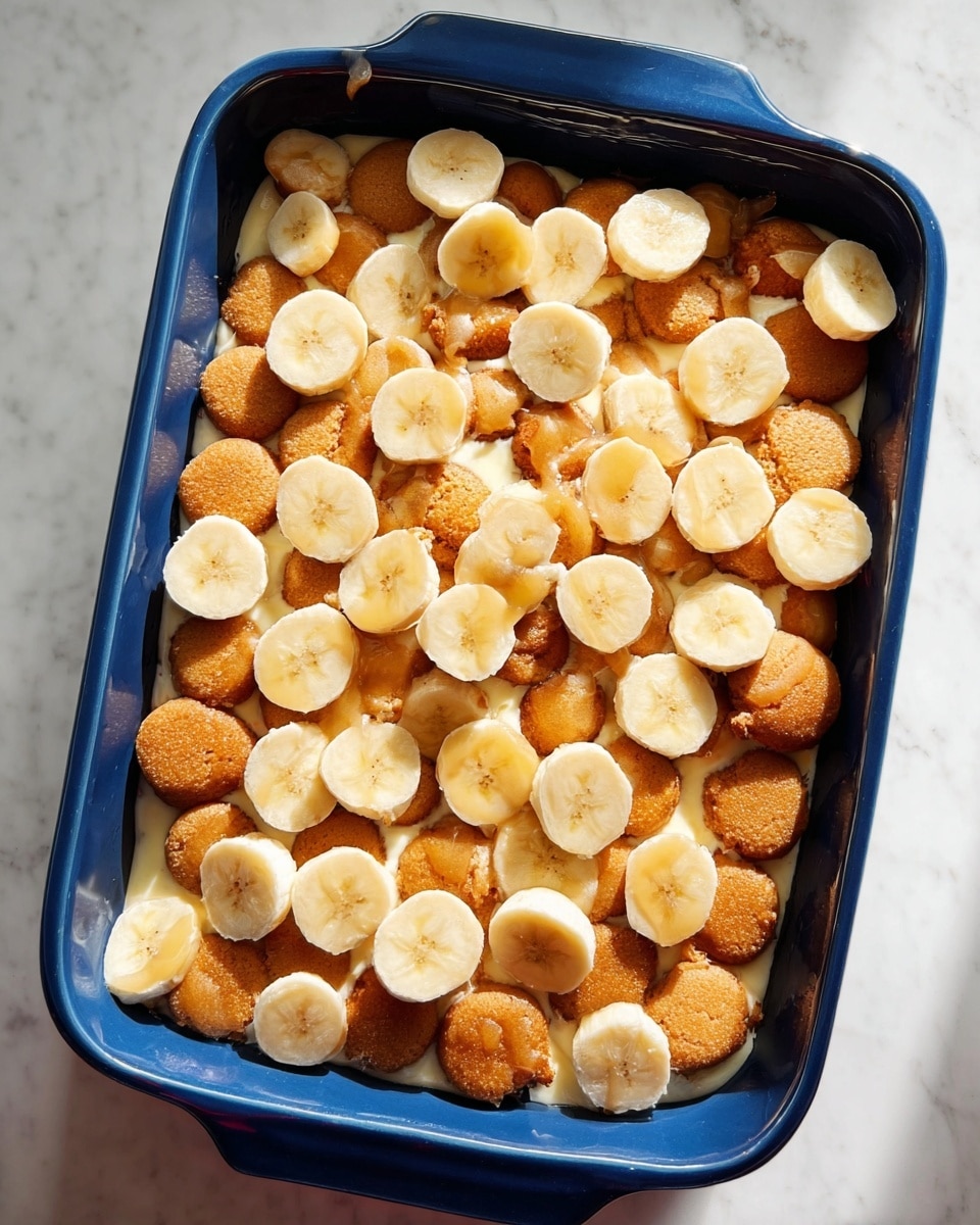 The image shows a blue baking dish filled with a layered dessert. The bottom and middle layers consist of round golden cookies, some whole and some broken, creating an uneven textured layer. On top of the cookies, there is a layer of thinly sliced banana pieces, spread evenly across the entire surface. The dish is placed on a white marbled surface, and the lighting highlights the warm brown color of the cookies and the creamy yellow tones of the banana slices. photo taken with an iphone --ar 4:5 --v 7