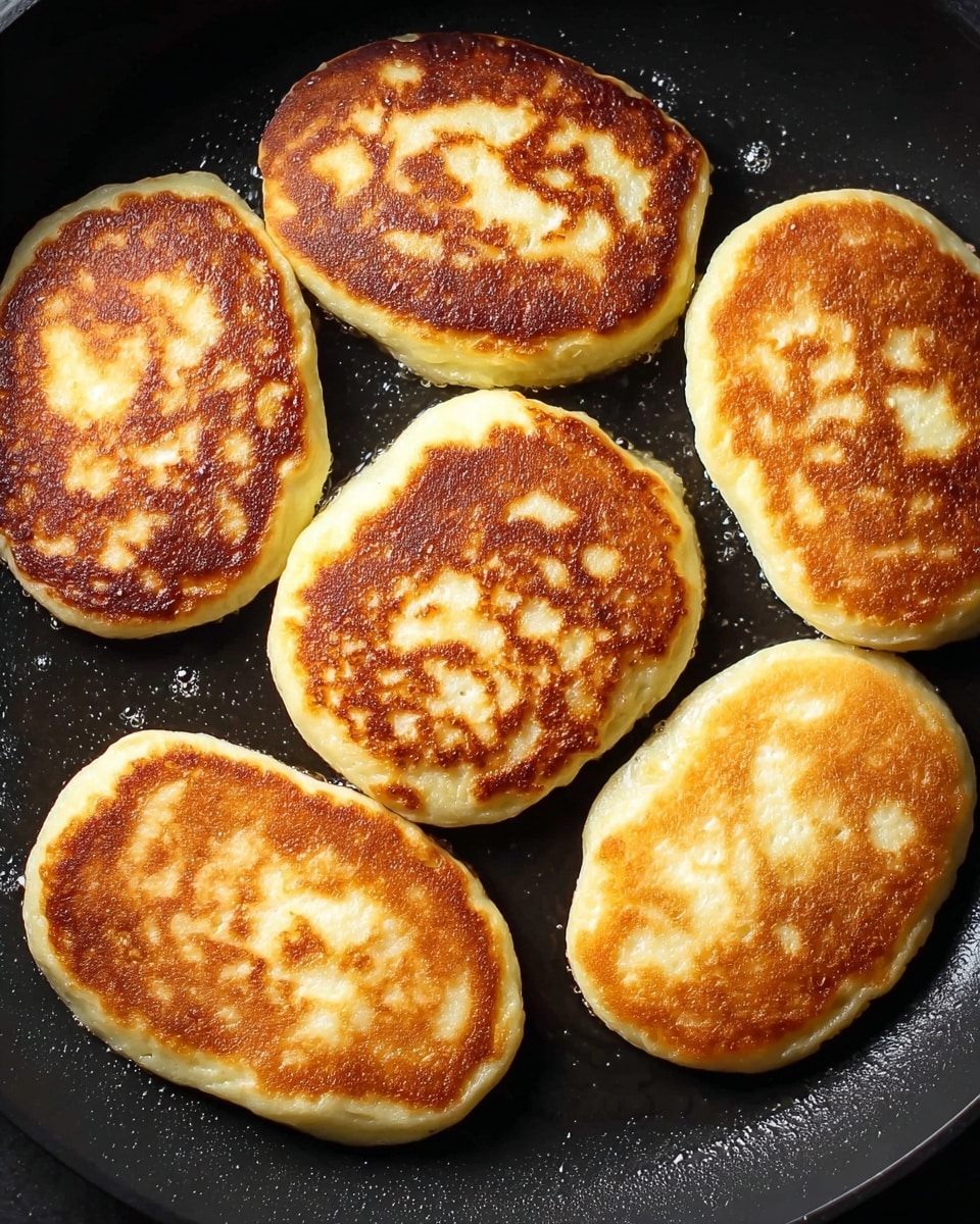 The image shows six oval-shaped, golden brown pancakes frying in a black pan. Each pancake has a slightly uneven, crispy surface with lighter patches and a soft, fluffy-looking edge. The pancakes are spaced out evenly in the pan with a small amount of oil glistening around them. The overall texture looks warm and inviting, with the pancakes having a mix of light and darker browns, showing they are cooked perfectly on one side. Photo taken with an iphone --ar 4:5 --v 7