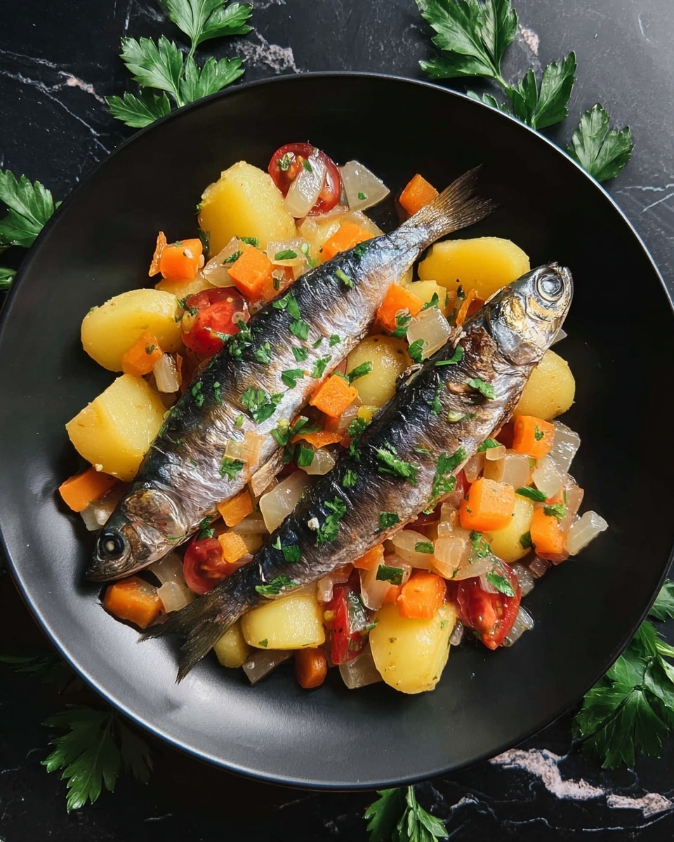 A white oval baking dish filled with cooked small round potatoes, bright orange carrot pieces, and halved red cherry tomatoes, all mixed with translucent cooked onion chunks, creating a colorful vegetable base. On top, six whole grilled sardines with shiny silver and black skin are laid evenly spaced. The dish is sprinkled with small green parsley leaves and some red chili flakes. The baking dish sits on a wooden board that rests on a white marbled surface, with a blue patterned cloth partially visible beneath it. Photo taken with an iphone --ar 4:5 --v 7