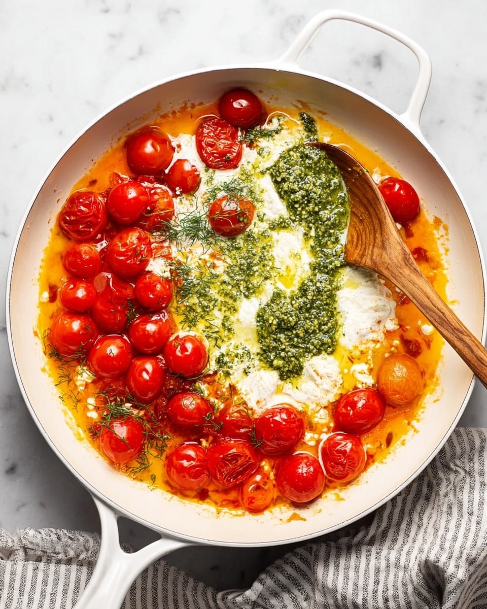 A white pan filled with a bright mixture showing three main layers: the bottom layer is an orange oily liquid that covers the whole base; on top of that, there are clusters of whole, shiny red cherry tomatoes scattered around the edges and center; in the middle, a creamy white sauce is partly mixed with a dollop of green pesto sauce, creating swirls. A wooden spoon rests on the right side, partly dipping into the mixture. A white marbled surface is visible underneath the pan, with a striped cloth nearby. photo taken with an iphone --ar 4:5 --v 7
