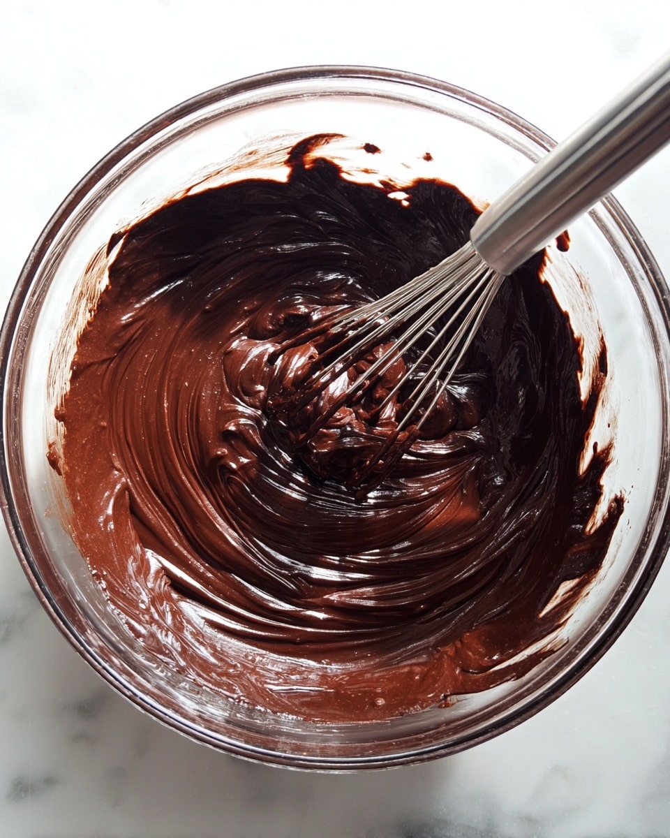 A glass bowl with two visible layers of dark brown, shiny, smooth chocolate batter with a metal whisk partially mixing it inside; the batter's thick texture covers the sides of the bowl with swirls, and the bowl is placed on a white marbled surface with another clear bowl underneath it. photo taken with an iphone --ar 4:5 --v 7