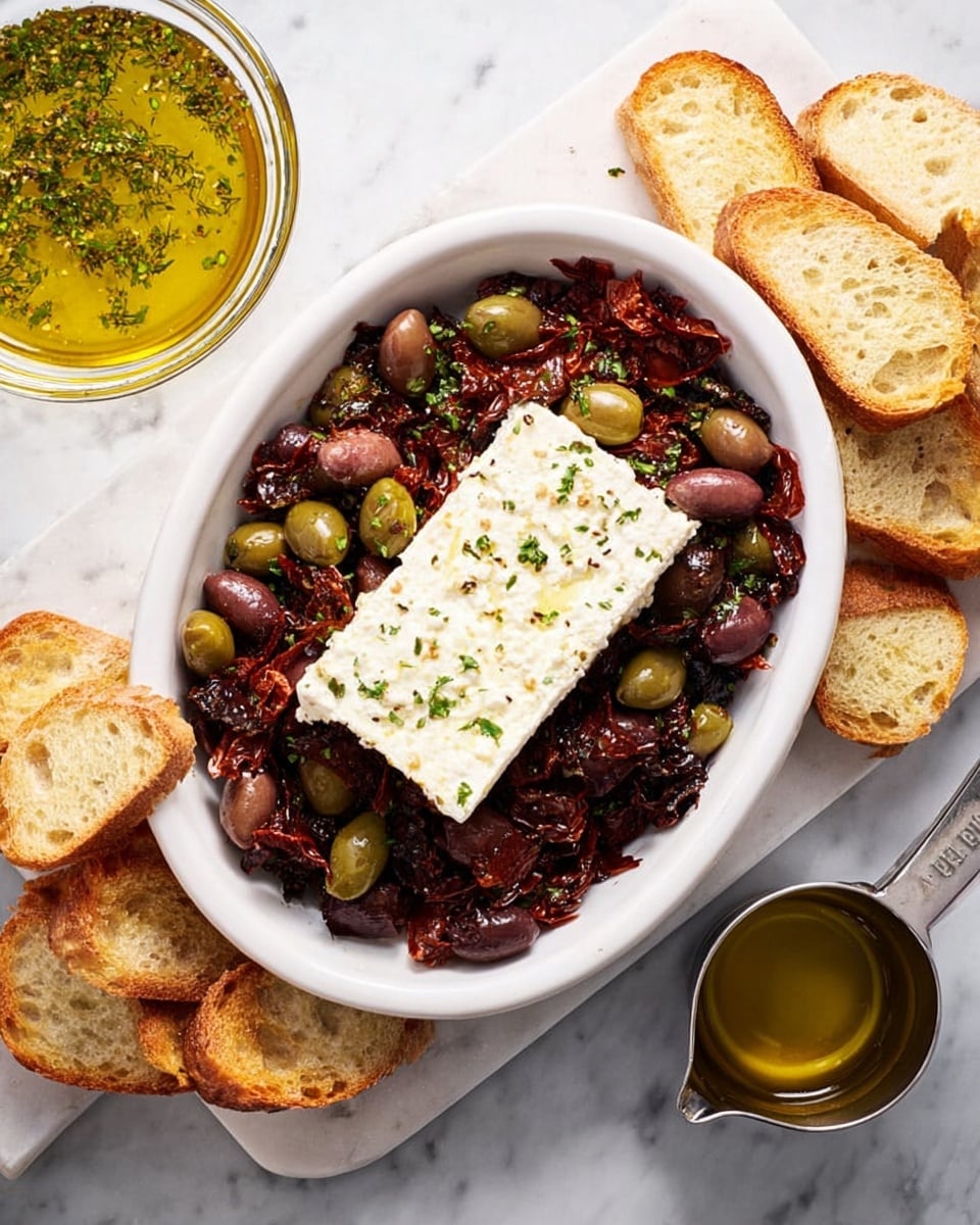 An oval white dish is filled with a base layer of dark red sun-dried tomato strips mixed with bright green and dark purple olives. On top in the center lies a large, block of white feta cheese with a crumbly texture. Around the dish, toasted slices of golden brown bread are placed, some leaning on the dish's edge. To the left, there is a clear glass bowl filled with oil and herbs, and to the right, a stainless steel measuring cup holds golden olive oil. The whole setting is on a white marbled surface, creating a clean and bright background photo taken with an iphone --ar 4:5 --v 7
