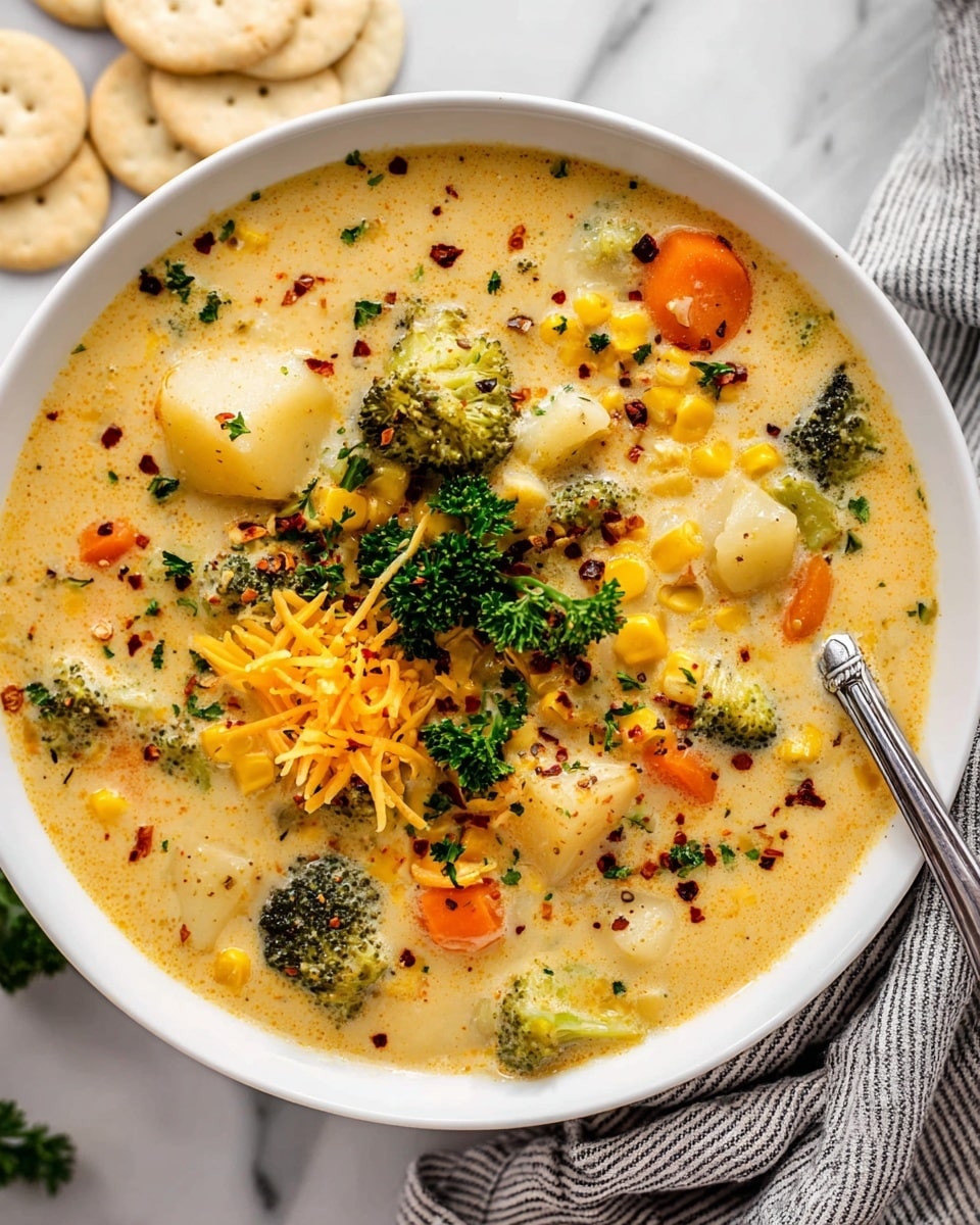 A thick creamy soup sits in a white bowl on a white marbled surface. The soup shows the colors of orange carrot slices, green broccoli florets, yellow corn kernels, small white potato pieces, and light green celery bits, all mixed in a light yellow broth. On top, a small pile of shredded cheddar cheese and chopped green parsley is present, along with scattered round, pale cracker rounds that have slightly browned centers, and a pinch of red chili flakes dotted nearby. A silver spoon rests on the edge of the bowl, and a cloth with gray and white stripes peeks from beneath it. Photo taken with an iphone --ar 4:5 --v 7