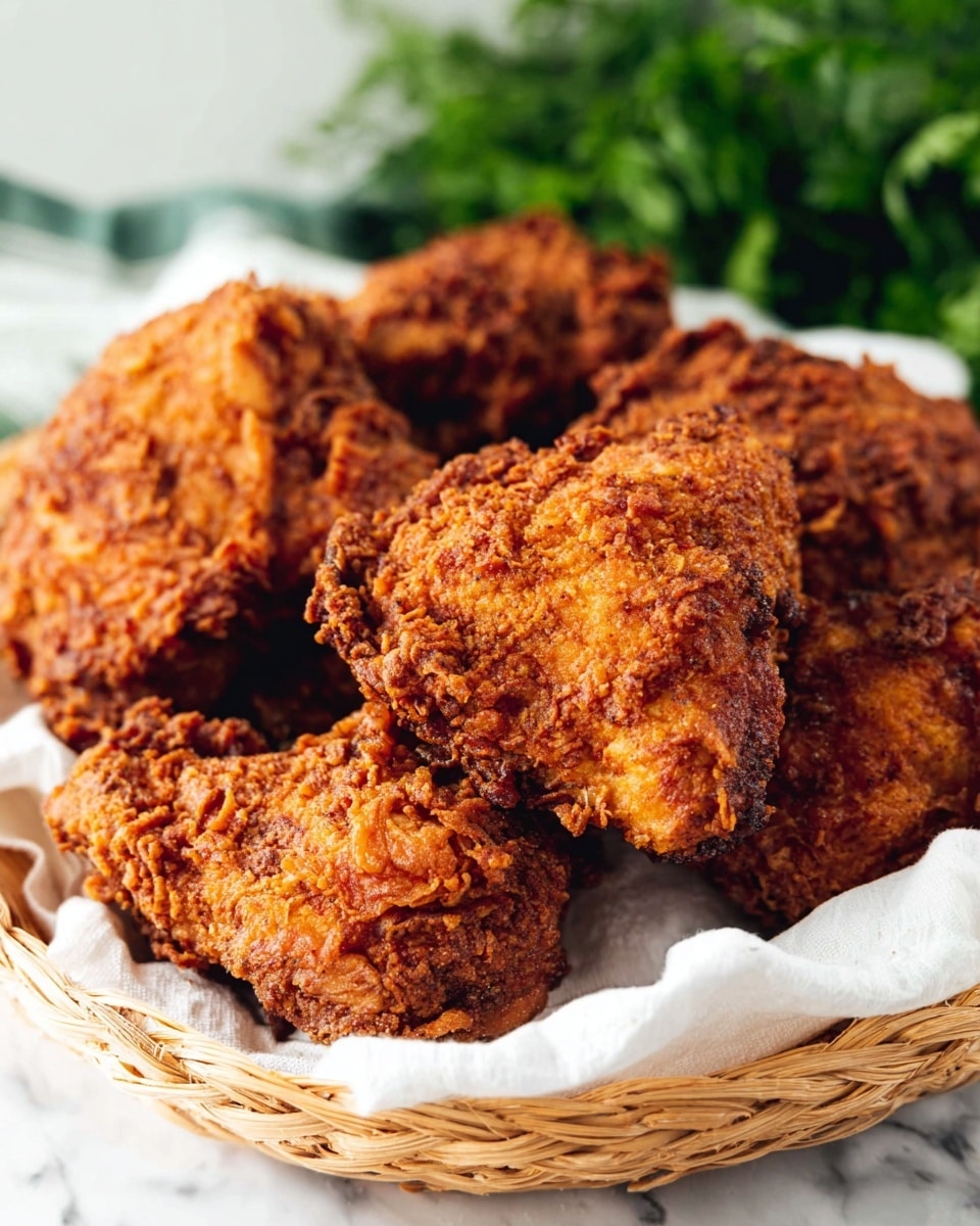 The image shows a close-up of six pieces of fried chicken with a rough, crunchy golden brown crust. The chicken pieces are piled together on white paper towels inside a round woven basket. The background shows blurry green leafy vegetables on a white marbled surface. The fried chicken pieces have varied shapes and sizes, with a rough, crispy texture and rich brown spots showing cooked coatings. photo taken with an iphone --ar 4:5 --v 7