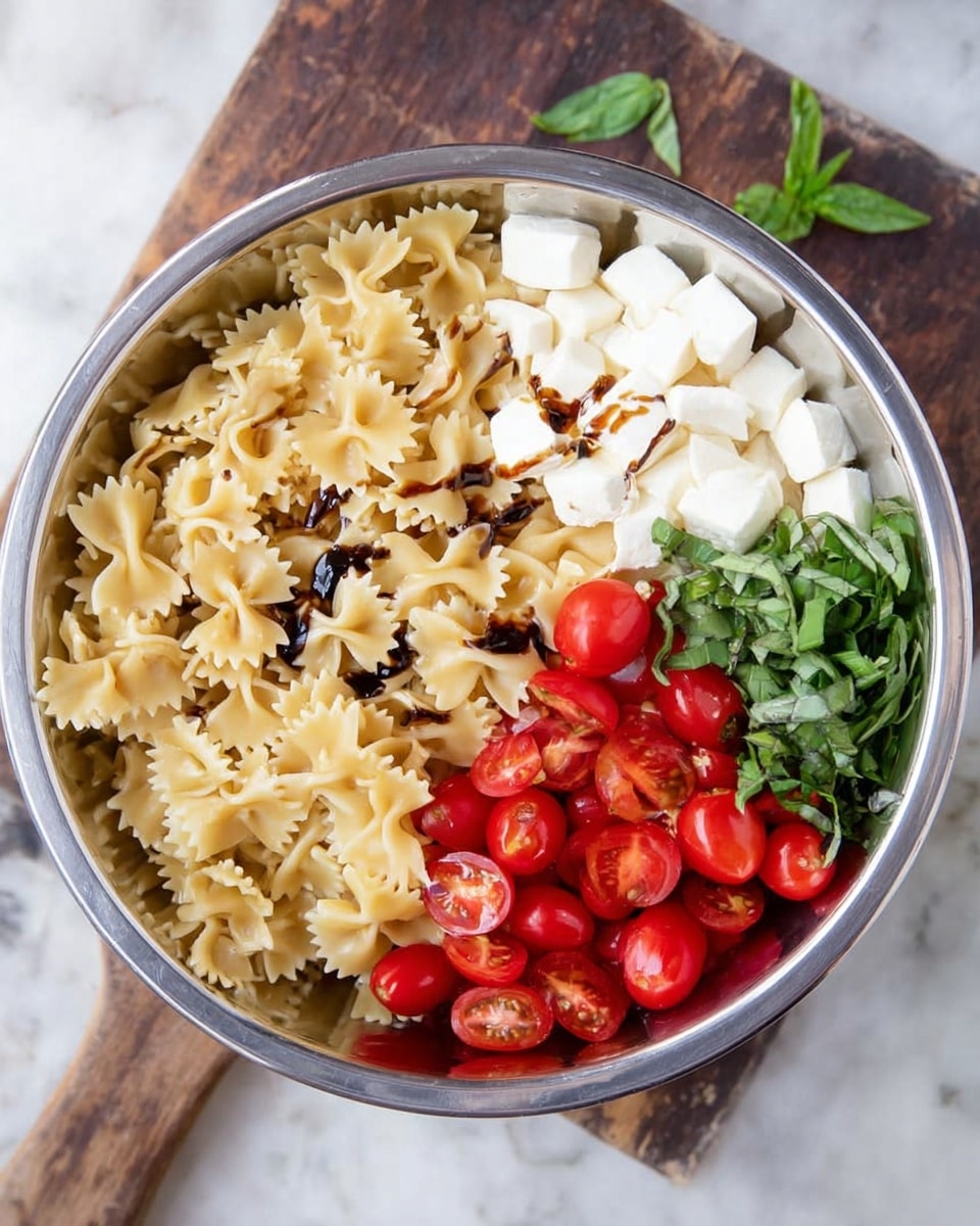 A silver bowl contains four main layers arranged side by side. On the left, there is cooked farfalle pasta with a light golden color and some dark brown balsamic dressing drizzled on top. Next to it, soft white mozzarella cheese pieces are cut into small cubes. On the right side, bright red halved cherry tomatoes are piled, and next to them, fresh green basil leaves are thinly sliced. The bowl is placed on a white marbled surface with a wooden spoon nearby. Photo taken with an iphone --ar 4:5 --v 7