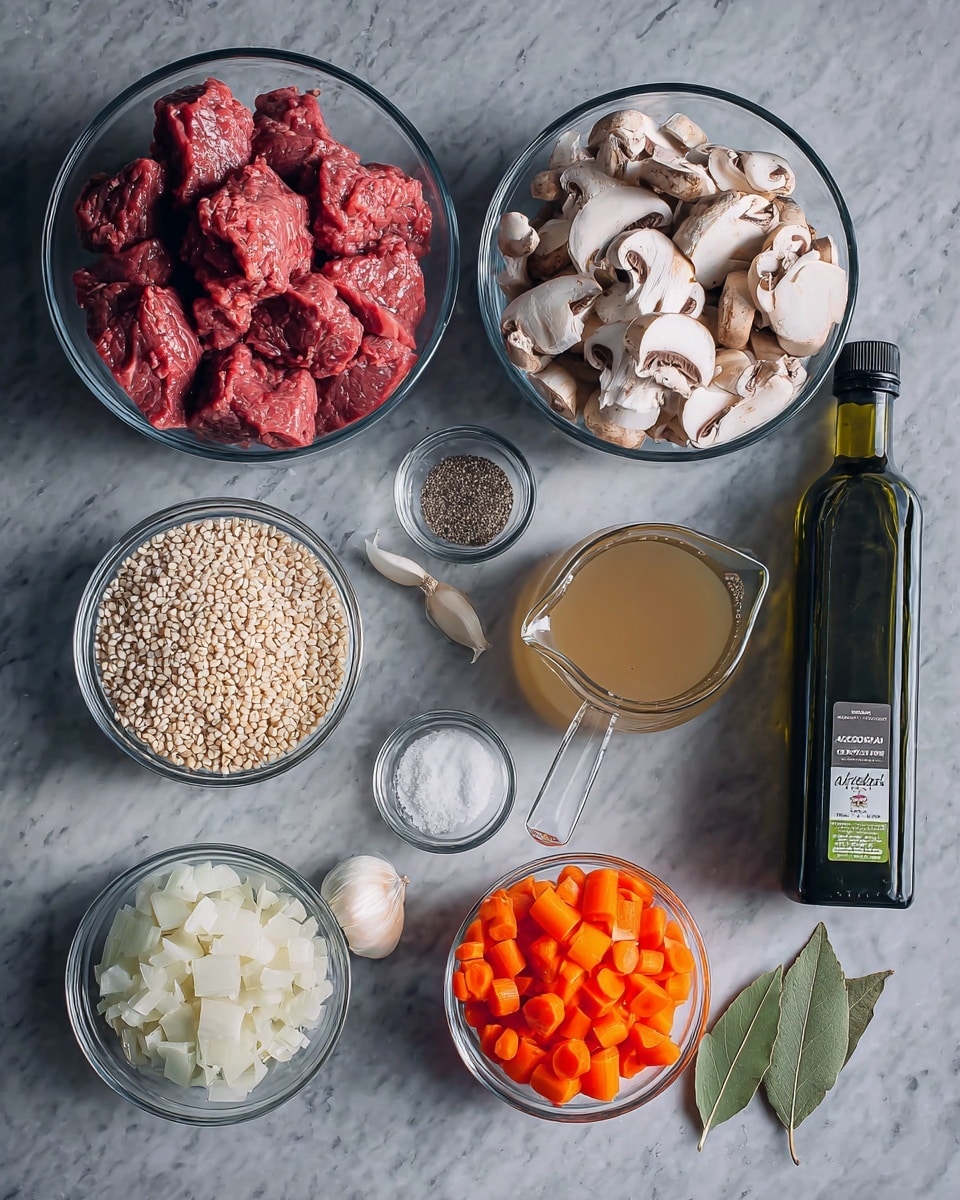 On a white marbled surface, there are several clear glass bowls arranged neatly: one large bowl with bright red raw beef chunks that show marbled fat, a large bowl filled with white and brown sliced mushrooms, a smaller bowl with vibrant orange diced carrots, and another small bowl with white diced onions. Next to these is a bowl with small round barley grains in a pale beige color and a measuring cup with light brown broth and a white spoon inside. Nearby, there is a small bowl holding white salt and black pepper, three whole garlic cloves, and three green bay leaves placed flat. To the far right stands a tall, dark green bottle labeled avocado oil. photo taken with an iphone --ar 4:5 --v 7