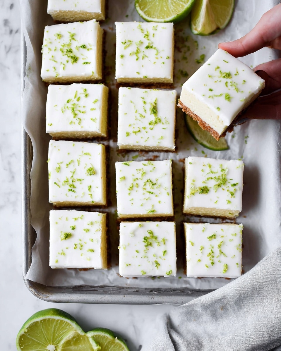 Twelve square lime dessert bars are arranged closely together on white parchment paper over a metal tray. Each square has three visible layers: a thin brown crust layer at the bottom with a rough texture, a thick pale yellow creamy middle layer, and a smooth white frosting layer on top. The white frosting is sprinkled with small green lime zest pieces evenly scattered over each square. One square is slightly lifted by a woman’s hand from the top right corner. A lime wedge is placed near the top right corner, and parts of sliced lime are visible around the edges. The background is a white marbled surface with a soft gray cloth on the bottom right side. photo taken with an iphone --ar 4:5 --v 7