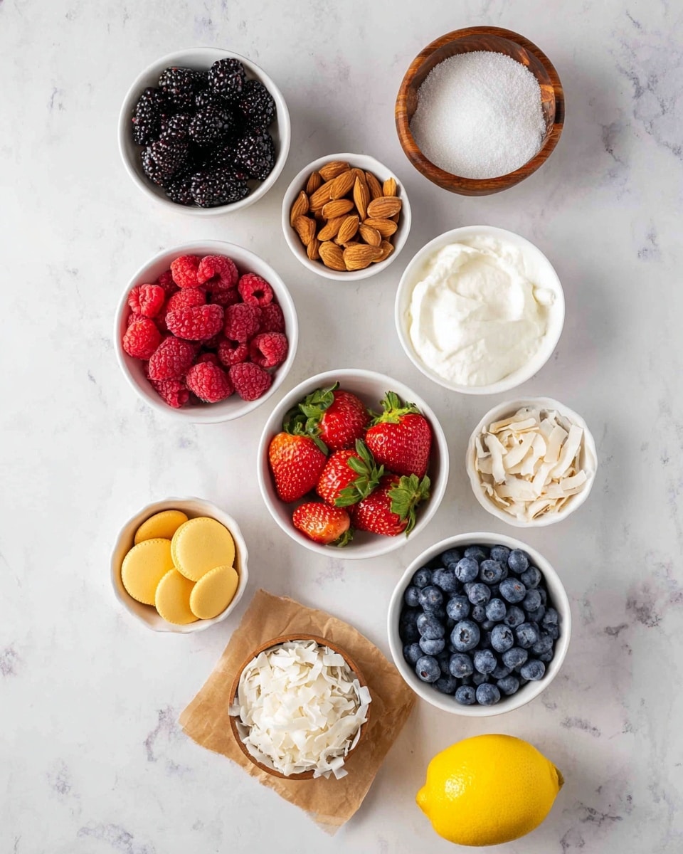 Nine small white bowls are arranged on a white marbled surface. The top left bowl holds shiny blackberries, the top middle bowl holds bright red raspberries, and the top right bowl is a small wooden bowl filled with white granulated sugar. Below the blackberries, there is a bowl filled with red strawberries with green leaves. To the right of the strawberries, a bowl is filled with plump blue blueberries. To the right of the blueberries, there is a white bowl with whipped cream. Below the blueberries, a bowl contains yellow round vanilla wafers. Below the strawberries, a bowl has sliced almonds, and next to that, a small wooden bowl is filled with shredded white coconut. A bright yellow lemon sits on the bottom right corner of the surface, and a brown paper bag is placed near the bottom left. photo taken with an iphone --ar 4:5 --v 7