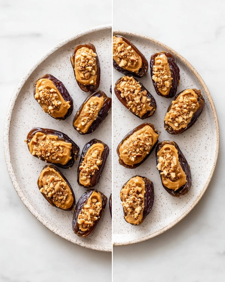 A white speckled plate holds twelve dates cut open and filled with a smooth light brown peanut butter layer that fills each date evenly, focusing on the inside center. On a separate white speckled plate, the same twelve dates show a second layer of chopped peanut pieces sitting on top of the peanut butter, creating a rough texture and a mix of light brown and tan colors filling each date. Both plates are placed on a white marbled surface, with no other objects around. Photo taken with an iphone --ar 4:5 --v 7