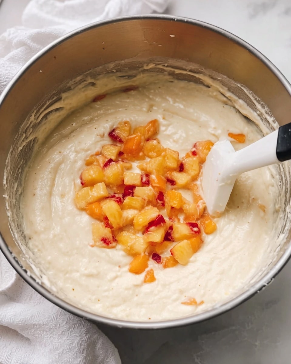 A close-up of a large silver metal bowl with a creamy white batter filling most of it, with small orange and red diced fruit pieces piled on top in the middle. A white spatula with a black handle is partly submerged in the batter, positioned on the right side. The bowl rests on a white marbled surface, and a folded white cloth is visible in the background. Photo taken with an iphone --ar 4:5 --v 7