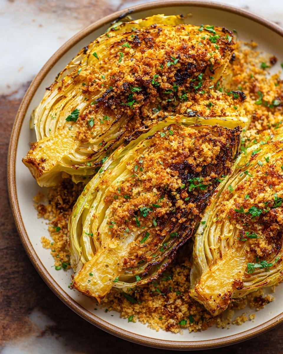 Three pieces of golden brown roasted cabbage wedges sit closely together in a round white plate. Each wedge has multiple layers of tightly packed leaves, browned and slightly charred on the edges, with a crispy breadcrumb topping scattered generously over the surface and around the plate. Small bits of finely chopped green herbs are sprinkled on top, adding a touch of color. The plate rests on a white marbled texture surface. Photo taken with an iphone --ar 4:5 --v 7