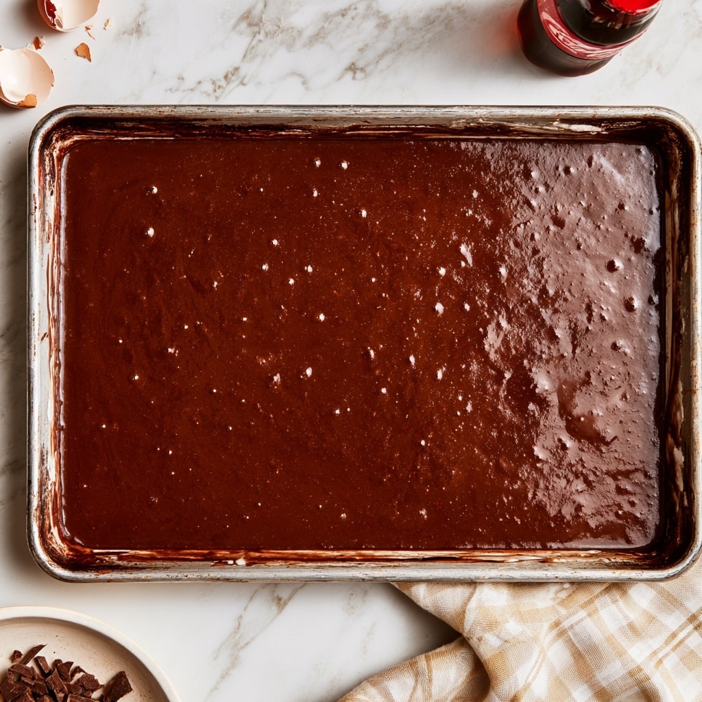 A large metal baking sheet filled with a smooth, dark brown chocolate batter that has small bubbles on the surface. The tray has slightly worn edges and is placed on a white marbled surface with broken eggshells on the upper left corner, half of a round white bowl containing small chunks of dark chocolate in the bottom left corner, and a Coca-Cola bottle with a red cap on the upper right side. A beige and white checkered cloth is partly visible under the right side of the baking sheet. Photo taken with an iphone --ar 4:5 --v 7