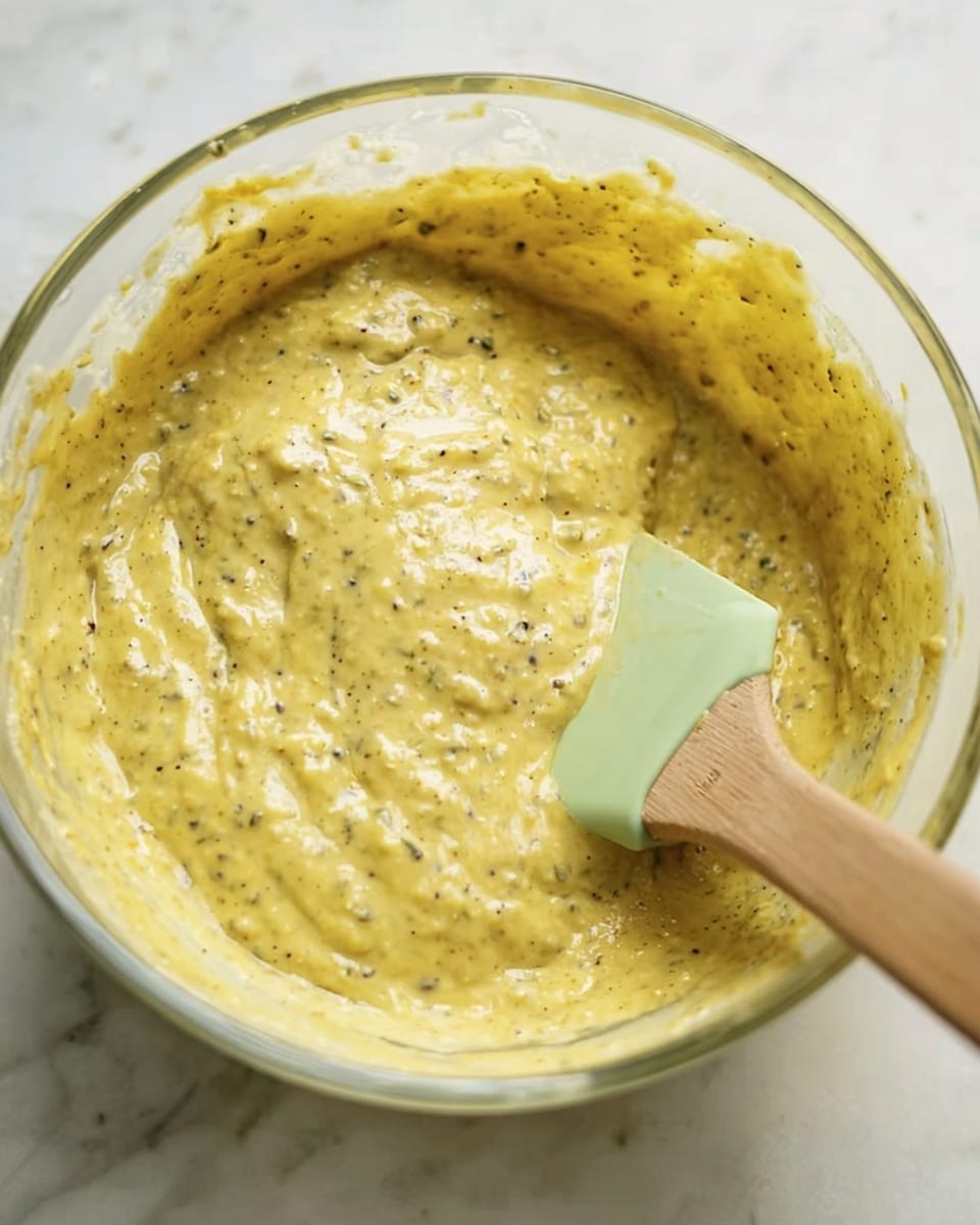 A clear glass bowl filled with thick, yellowish batter mixed with small green and black specks throughout, showing a slightly chunky and creamy texture. A wooden spatula with a light green silicone head is partially submerged in the batter, resting near the edge of the bowl. The bowl is placed on a white marbled surface. photo taken with an iphone --ar 4:5 --v 7