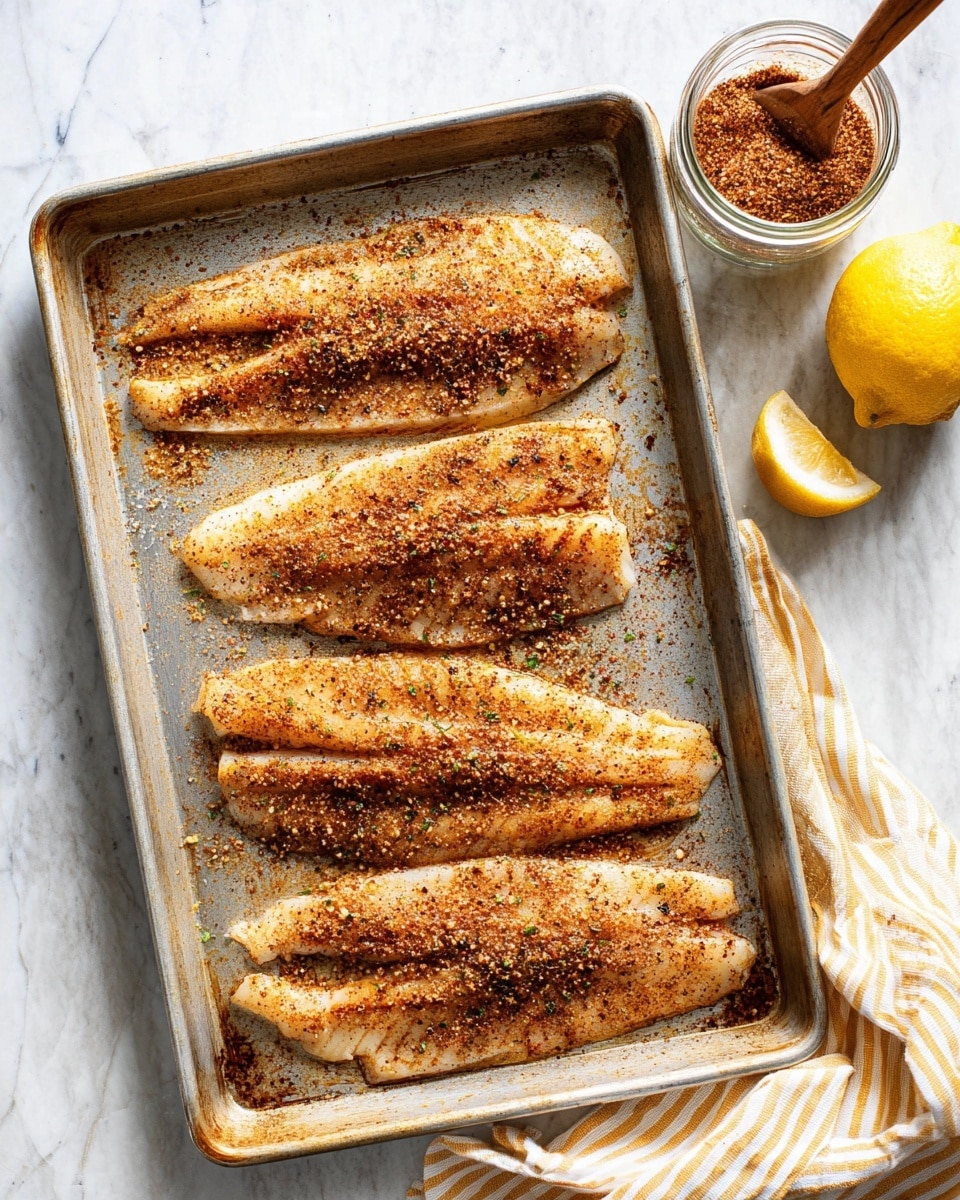 A metal baking tray on a white marbled surface holds five pieces of seasoned fish fillets arranged in a single layer. The fillets are light beige with a golden brown crust from spices, showing specks of dried herbs and seasoning evenly spread on top. To the upper right side of the tray, there is an open glass jar filled with a reddish-brown spice mix with a small wooden spoon sticking out, and a whole bright yellow lemon is placed beside it. A white and yellow striped cloth partially peeks from beneath the bottom right corner of the tray. Photo taken with an iphone --ar 4:5 --v 7