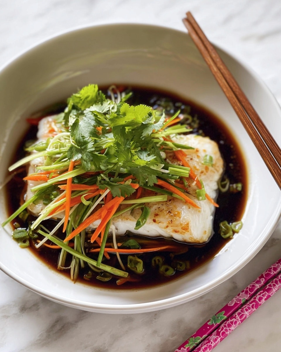 In a white bowl on a white marbled surface, there is a piece of light brown cooked fish in dark brown sauce at the bottom. On top of the fish, there are layers of thinly sliced vegetables including light orange carrot sticks and pale green and white scallions mixed with darker green chives. Bright green cilantro leaves are placed on the very top in the center. To the right of the bowl, there are wooden chopsticks with pink floral designs resting beside it. Photo taken with an iphone --ar 4:5 --v 7
