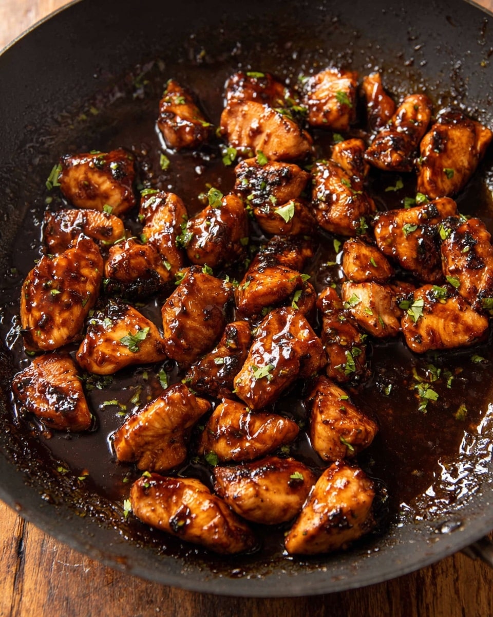 Inside a black pan, there are many small pieces of cooked chicken with a shiny dark brown sauce coating them. The chicken pieces are scattered unevenly, some showing a bit of charred texture. Small bits of green herbs are sprinkled on top, adding pops of color to the rich brown sauce. The sauce looks thick and glossy, pooling slightly in the pan, which has a few spots of caramelized bits. The pan is sitting on a wooden surface. photo taken with an iphone --ar 4:5 --v 7