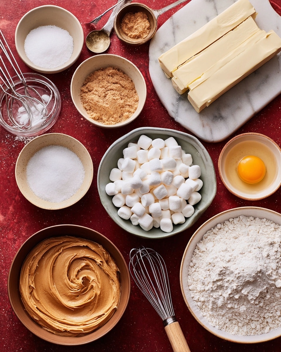 A white bowl at the bottom holds a metal whisk with a wooden handle resting inside, surrounded by smaller beige bowls with white baking soda and white salt, while to the right, on a white marbled surface, are three sticks of pale yellow butter wrapped in paper, above them, a grey bowl is filled with white flour that has a loose, powdery texture; to the left, a brown bowl contains smooth creamy peanut butter with swirled peaks, next to it, a white bowl is packed with tiny, soft white marshmallows, and above, a beige bowl holds light brown, granulated sugar, a small grey plate of coarse salt and a glass bowl containing a raw egg yolk; two metal measuring spoons with wooden handles rest on the left side, all placed on a deep red textured surface photo taken with an iphone --ar 4:5 --v 7