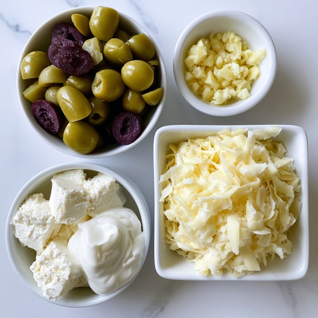 The image shows four white bowls on a white marbled surface, each filled with different ingredients. The top left bowl is round and full of green and purple sliced olives, showing smooth textures. The top right small round bowl holds finely chopped pale yellow garlic pieces. The bottom right square bowl is filled with a heap of shredded light yellow cheese with soft texture. The bottom left round bowl contains two types of cream: several white cream cheese chunks and a smooth dollop of white sour cream. Photo taken with an iphone --ar 4:5 --v 7