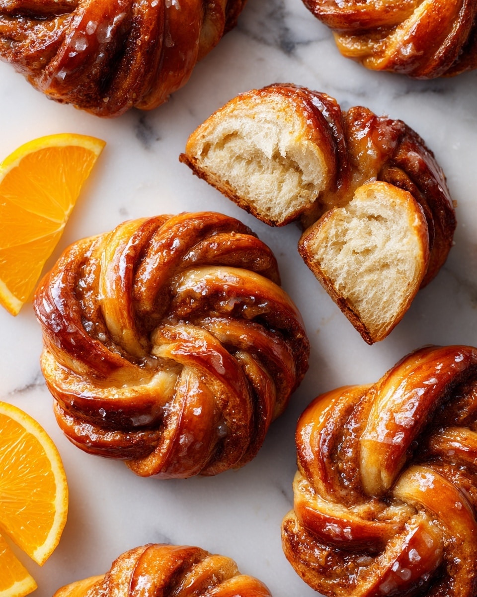 The image shows several golden brown twisted pastries with a shiny, glazed surface arranged on a white marbled background. In the center, one pastry is torn in half, revealing a soft, fluffy inner texture with swirls of cinnamon and sugar. Around the pastries are a few slices of bright orange, adding vibrant color contrast. The pastries have a rich, warm color with darker cinnamon specks visible inside the layers, and the twisted shapes create a textured, layered look. photo taken with an iphone --ar 4:5 --v 7