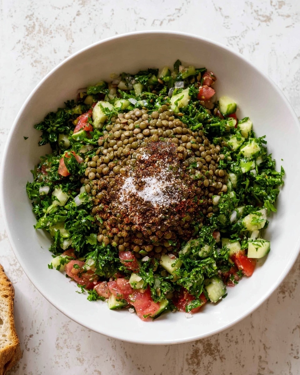 A white bowl sits on a white marbled surface, filled with a colorful salad. The bottom layer consists of finely chopped green parsley mixed with small red pieces of tomato and light green cucumber, creating a fresh and leafy look around the edges. At the center of the bowl, there is a mound of small green lentils topped with a sprinkling of white salt and dark brown ground spices. The textures vary from the soft lentils to the crisp chopped vegetables, creating a lively contrast. Photo taken with an iphone --ar 4:5 --v 7