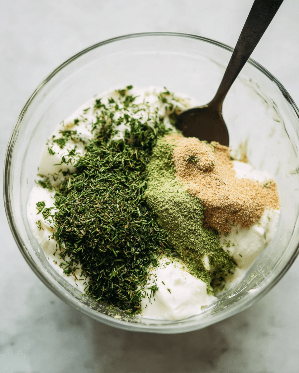 The image shows a clear glass bowl with thick white creamy base layered with three piles of green dried herbs and light brown powder on top. The green herbs are finely chopped or ground and spread in two heaps, one fresh green and the other darker green. The light brown powder is finely ground and sits on one side, mixed slightly with the white cream. A dark spoon is placed inside the bowl, resting among the layers of ingredients. The bowl is placed on a white marbled surface. Photo taken with an iphone --ar 4:5 --v 7