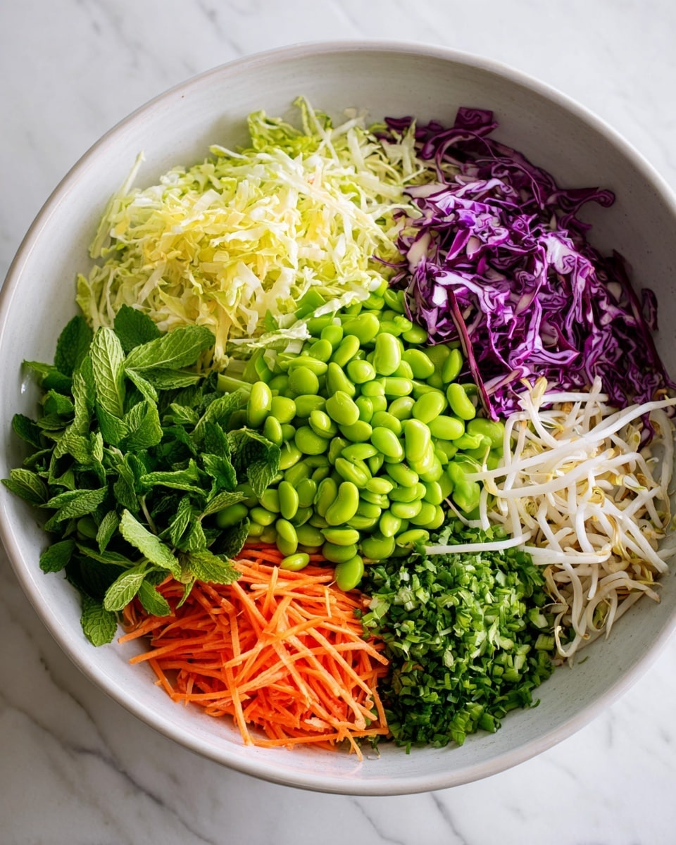 A large white bowl sits on a white marbled surface filled with different fresh vegetables arranged in neat sections. Starting from the top right and moving clockwise, there is a layer of light yellow shredded cabbage with soft texture, next to bright purple shredded cabbage with a slightly crisp look. Below the purple cabbage, a pile of white crunchy bean sprouts forms the next layer. Following are long, thin strips of bright orange carrots, and to the left, dark green fresh mint leaves with a rough texture. At the center of the bowl, there is a thick pile of glossy bright green edamame beans, some cut showing their inside. Near the mint and edamame beans, chopped green leafy herbs mixed with finely shredded carrots complete the colorful arrangement, offering a fresh and healthy salad look. Photo taken with an iphone --ar 4:5 --v 7
