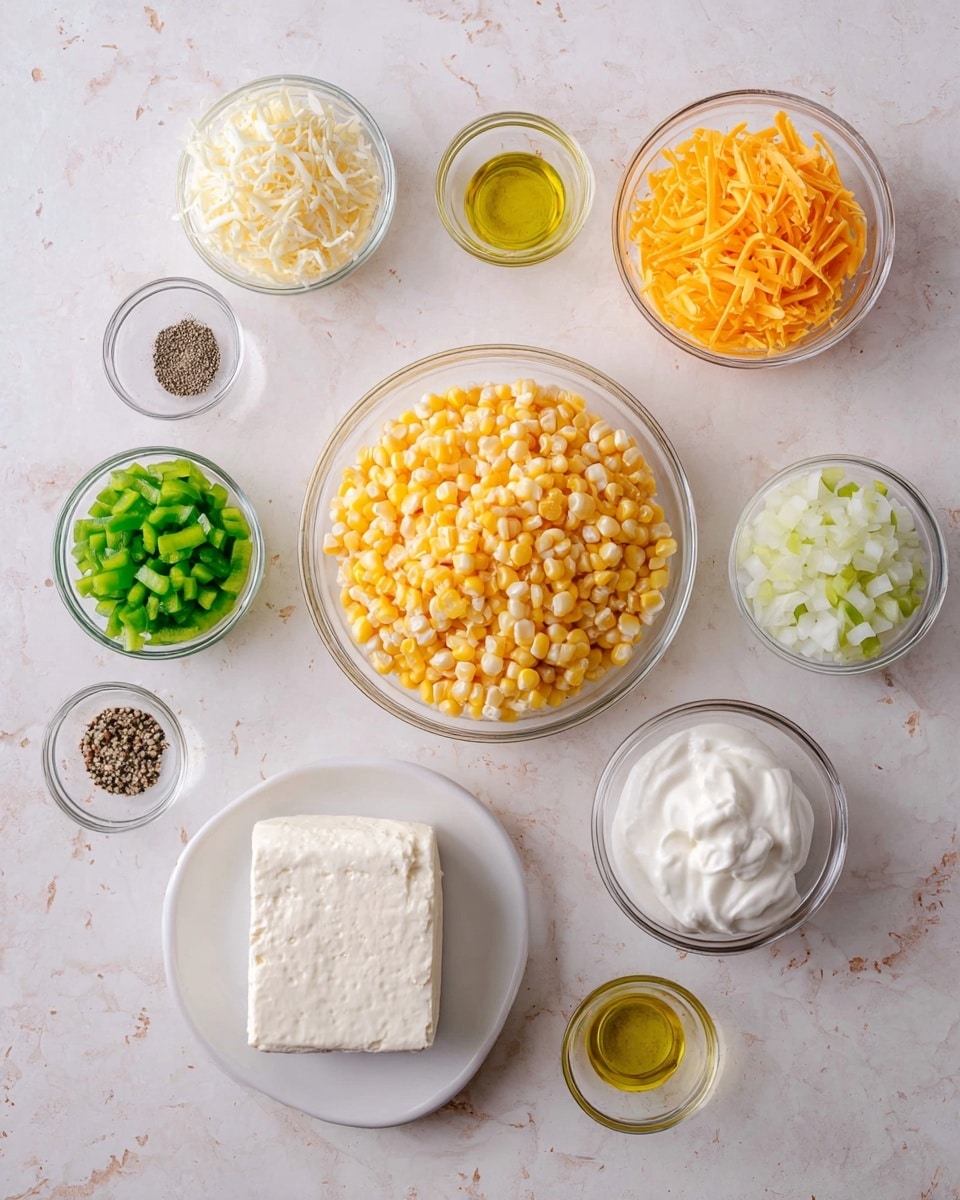The image shows several clear glass bowls and one white plate arranged on a white marbled surface, displaying ingredients for a recipe. In the middle is a large bowl filled with yellow corn kernels. Above it, a bowl has bright orange shredded cheese. On the right side, there is another bowl with small white diced onions and below that, a bowl of pale shredded cheese. To the left side of the corn bowl, there is a bowl of chopped green onions and below it, a bowl of diced green bell peppers. On the far left, there are two smaller bowls, one holding black pepper and the other olive oil. At the bottom center, there is a white plate with a large block of soft white cheese. Nearby, a bowl of white sour cream or similar creamy substance is visible. The setup is tidy and the colors of the ingredients contrast against the white marbled surface. photo taken with an iphone --ar 4:5 --v 7