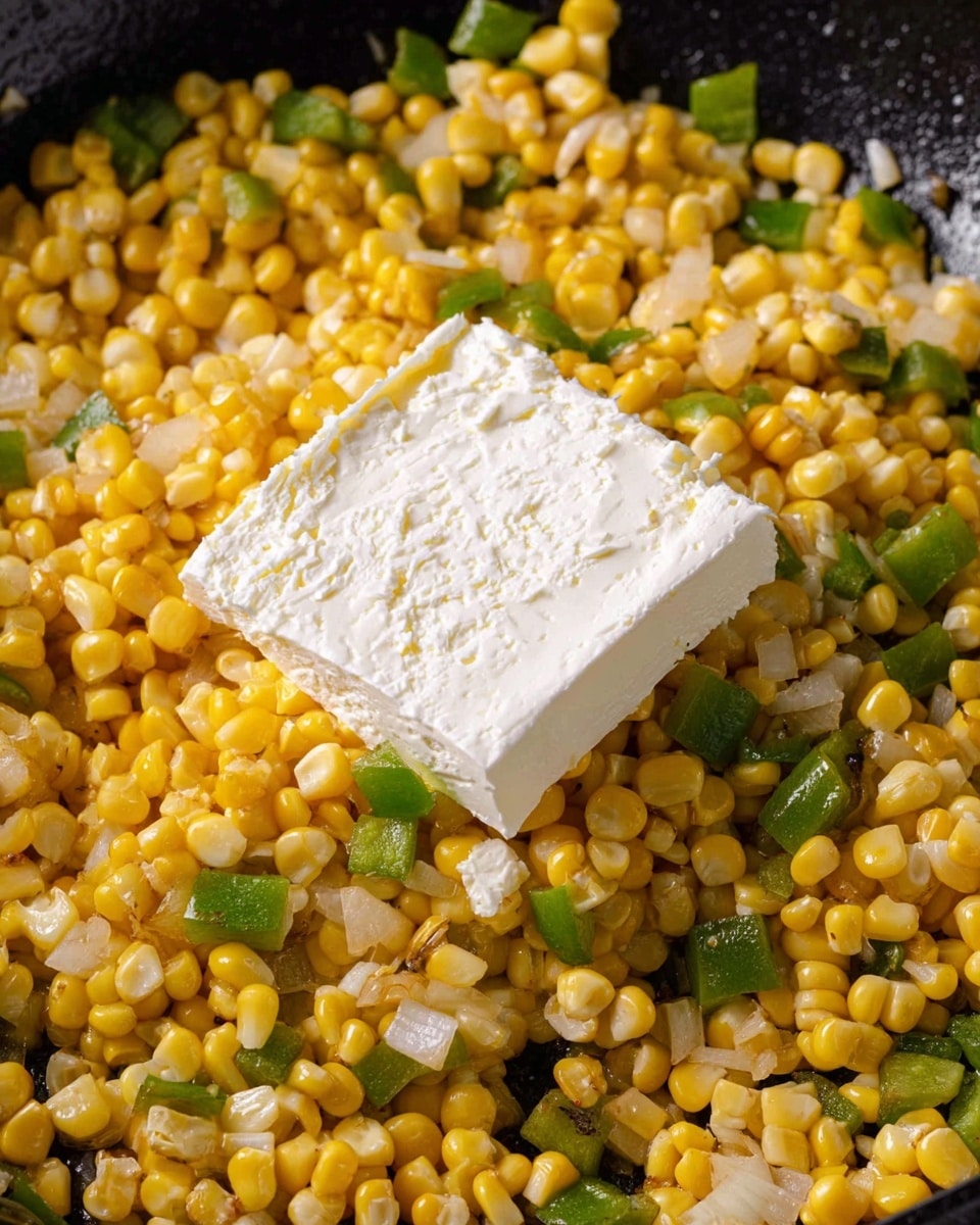 The image shows a black pan filled with cooked yellow corn kernels mixed with small pieces of green bell pepper and white onion, all slightly browned. On top of the vegetables, there is a large, smooth, white block of cream cheese positioned slightly off-center. The contrast between the bright yellow corn, green pepper, and the creamy white cheese stands out against the dark pan surface. The photo is close up, showing the texture of the corn and the creamy softness of the cheese. photo taken with an iphone --ar 4:5 --v 7