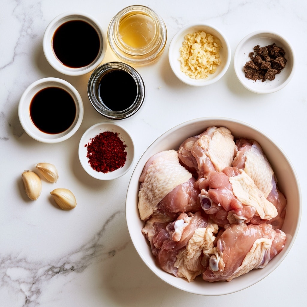 A white bowl filled with several raw pink chicken thighs with white fat is placed on the right side on a white marbled surface. Above and to the left of the bowl are small white dishes and jars holding different ingredients: dark soy sauce in two dishes, light soy sauce in a jar, mirin in a jar with light yellow liquid, minced garlic in a small white dish with finely chopped light yellow pieces, brown sugar in a small white dish with dark clumps, and cayenne pepper in a small white dish with red powder. There are also three garlic cloves placed on the marbled surface to the left. Each ingredient is labeled with black text. photo taken with an iphone --ar 4:5 --v 7