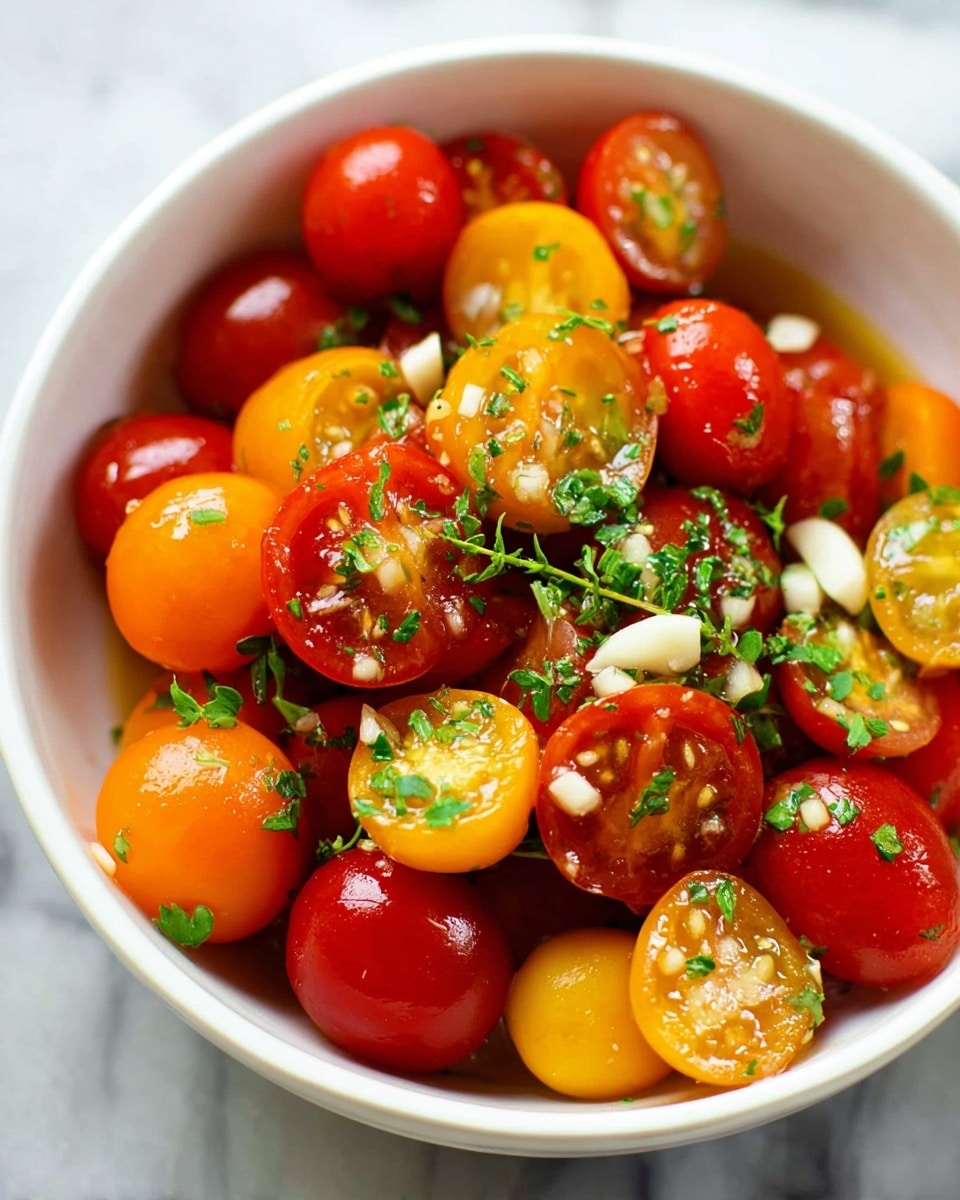The image shows a white bowl filled with halved small tomatoes in red, orange, and yellow colors, creating a mix of warm tones. On top of the tomatoes, there are small pieces of chopped garlic and green fresh herbs scattered evenly, adding texture and color contrast. The tomatoes look juicy and shiny, and the green herbs add a fresh touch. The bowl sits on a white marbled surface. photo taken with an iphone --ar 4:5 --v 7