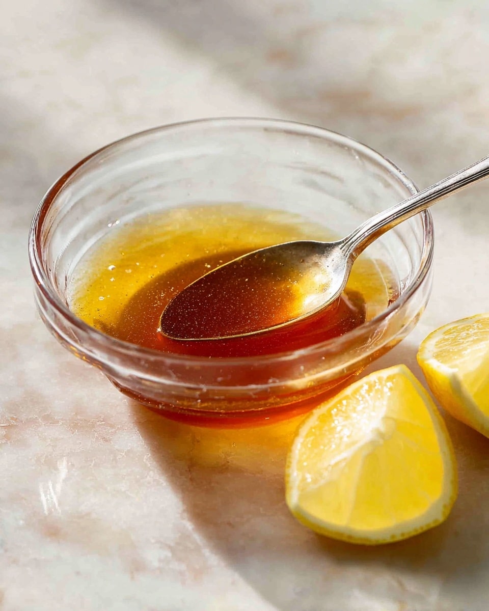 A clear round glass bowl with amber-colored liquid sauce inside, showing a smooth and slightly shiny texture. A silver spoon rests in the bowl, holding some of the sauce, showing its thin and glossy consistency. To the right side of the bowl, two yellow lemon wedges are placed on a white marbled surface. The lighting highlights the golden hues and the transparent nature of the bowl and sauce. photo taken with an iphone --ar 4:5 --v 7