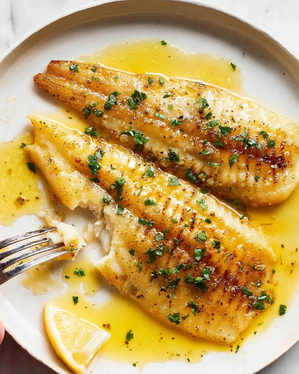 A close-up of a white plate with a piece of golden brown fish, crispy on the outside and tender white inside, placed slightly off-center. A silver fork holds a flaky piece of the fish, showing its soft texture. The fish is topped with small green herb pieces and surrounded by a shiny, buttery sauce with some black pepper flakes, pooling gently on the plate. In the background, there is a side of green kale mixed with white crumbly cheese and a few small brown nuts. The plate sits on a white marbled surface. Photo taken with an iphone --ar 4:5 --v 7