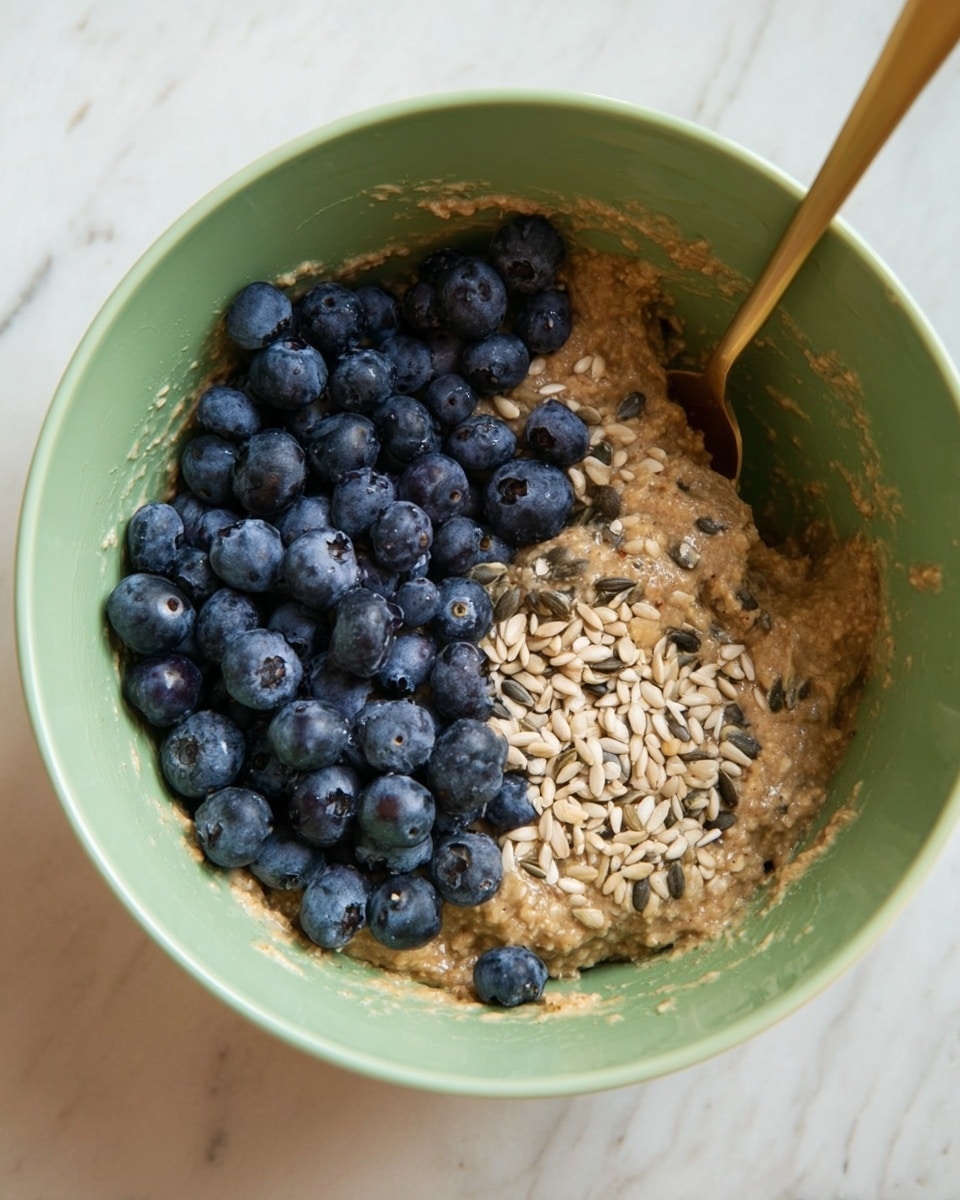 The image shows a pale green mixing bowl with two main layers visible. The bottom layer is a thick, chunky batter in light brown color, filling most of the bowl. On the left side of the batter, there is a sprinkling of light beige sunflower seeds. On top, mostly in the center and right side, there is a pile of fresh, round blueberries in dark blue color. A gold spoon is partly stuck into the batter and blueberries on the right side. The background is a white marbled surface. Photo taken with an iphone --ar 4:5 --v 7