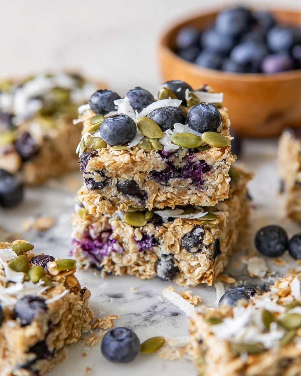 The image shows a stack of two thick oatmeal bars topped with fresh blueberries, green pumpkin seeds, and white shredded coconut, with a crumbly and soft texture visible. The bars have a light golden color mixed with purple from the blueberries baked inside. Around the stack, other similar bars lie flat on a white marbled surface, showing bits of blueberries and seeds on top. In the background, a blurred bowl of fresh blueberries can be seen. The photo is close up, bright, and focused on the front oatmeal bars. photo taken with an iphone --ar 4:5 --v 7