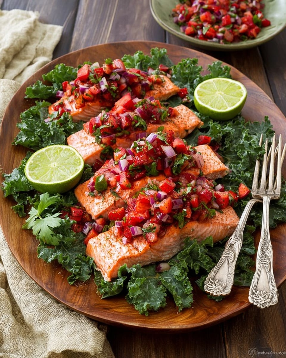 The image shows two grilled salmon fillets placed side by side on a bed of dark green leafy kale. On top of the salmon is a colorful salsa made of chopped red strawberries, small pieces of purple onion, tiny green jalapeño bits, and sprigs of fresh cilantro mixed in. In the background, there are lime halves and extra cilantro leaves scattered around. The colors are bright and fresh, with the cooked salmon having a pinkish-orange tone, the salsa vibrant red and green, and the kale deep green. The whole dish is set on a white marbled surface, and the photo has a bright, natural light. photo taken with an iphone --ar 4:5 --v 7