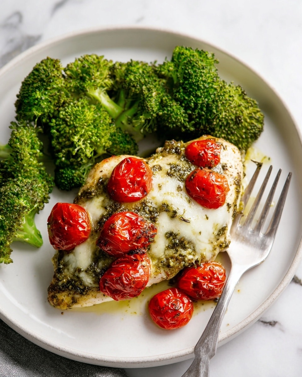 A white plate holds a cooked chicken piece coated with green pesto sauce and topped with melted white cheese and roasted red cherry tomatoes. Bright green broccoli florets surround the chicken on the left and bottom sides. A silver fork rests on the right edge of the plate. The plate sits on a white marbled surface. photo taken with an iphone --ar 4:5 --v 7
