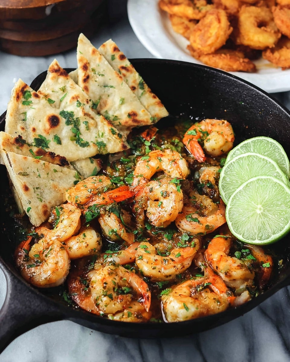 A black cast iron pan filled with cooked shrimp that are orange-pink in color, mixed with green herbs sprinkled on top. On the left side of the pan, there are four triangular pieces of flatbread with a light golden brown color and green herb bits. Two lime halves with bright green skin and pale green inside are resting on top of the shrimp on the right side. In the blurred background, a white plate holds some golden brown fried pieces, all set on a white marbled surface. Photo taken with an iphone --ar 4:5 --v 7
