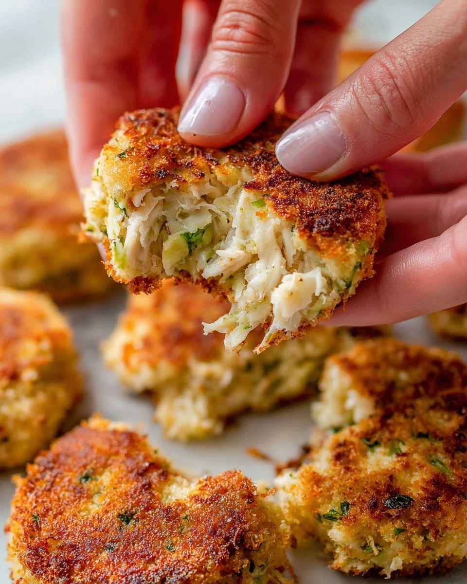 A close-up view of a golden brown fried crab cake being held and broken apart by two woman's hands, showing the inside layers filled with white crab meat mixed with small green herbs and creamy texture. The outside is a crispy, rough breadcrumb crust with nice browning, while the inside looks soft and moist. In the blurred background, more crab cakes with similar textures sit on a white marbled surface. Photo taken with an iphone --ar 4:5 --v 7