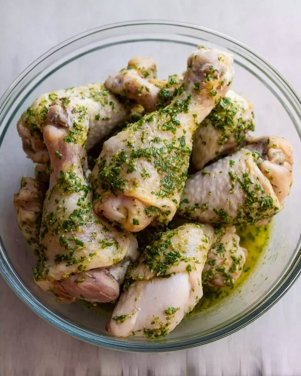 A clear round bowl filled with several raw chicken drumsticks coated in a green herb sauce with visible chopped green herbs on top, the chicken pieces arranged in a loose pile inside the bowl, which sits on a white marbled surface photo taken with an iphone --ar 4:5 --v 7