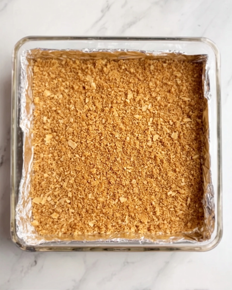 A clear square glass dish lined with crinkled silver foil holds a flat, even layer of crushed golden-brown crumbs mixed with small chunks, pressed down to form a firm base. The dish is set on a white marbled surface, and the crumb layer fills almost the entire dish, creating a solid, textured crust. photo taken with an iphone --ar 4:5 --v 7